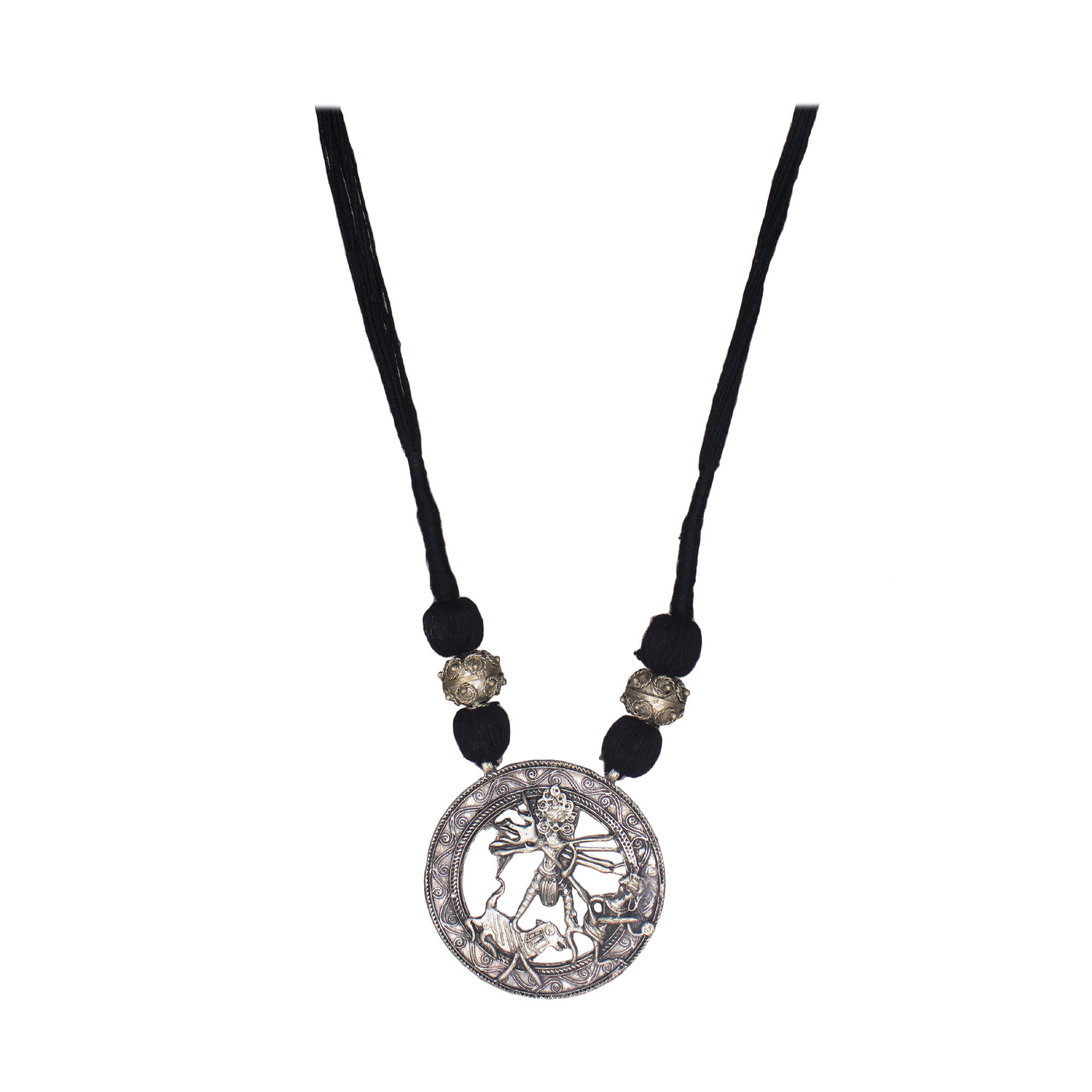 Abhinn Oxidized German Silver Goddess Durga Round Pendant For Women