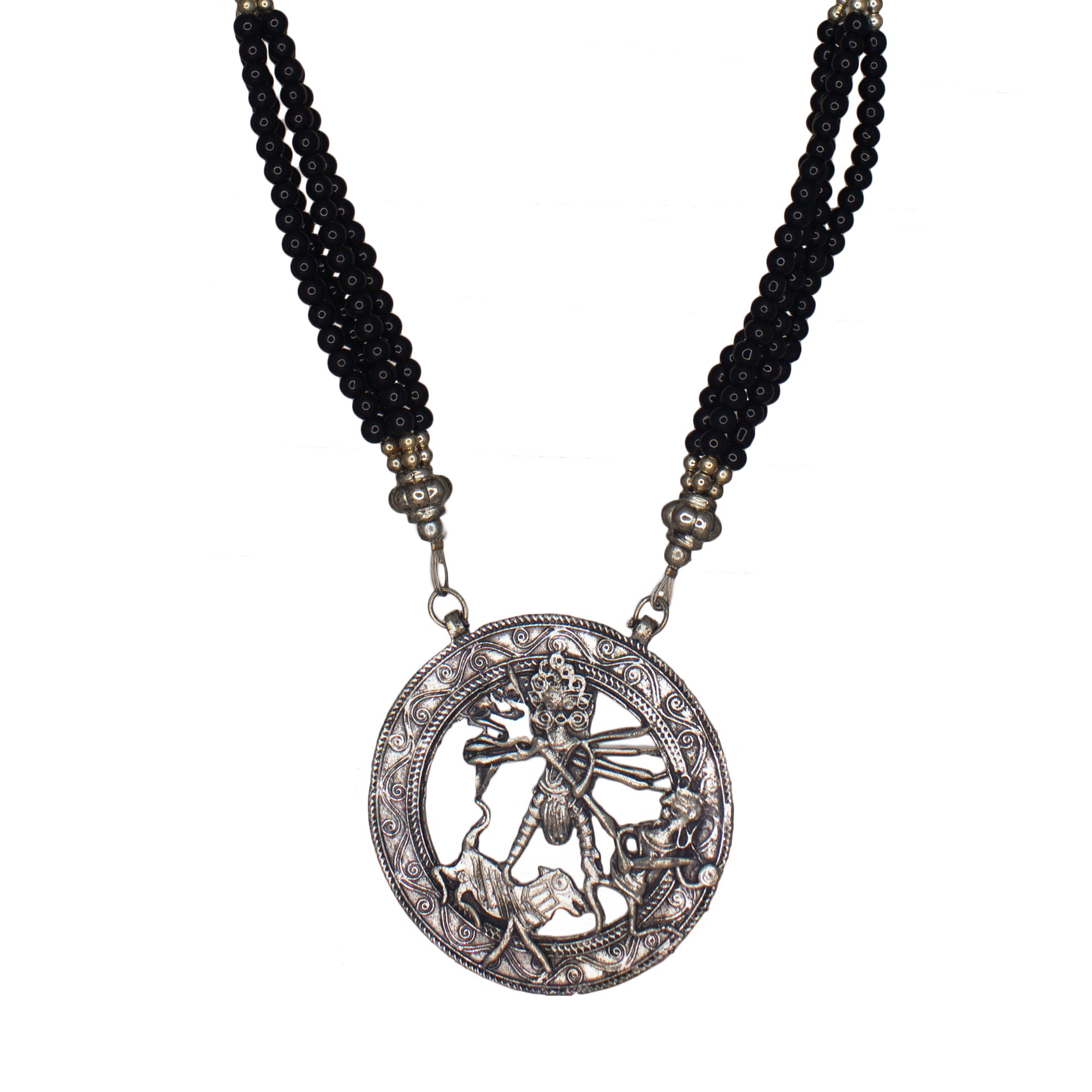 Abhinn Oxidized German Silver Goddess Durga Round Pendant with Black Pearls