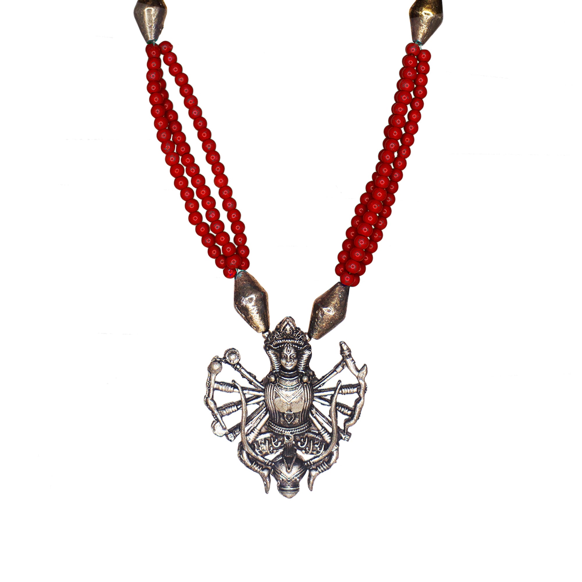 Abhinn Oxidized German Silver Goddess Durga Pendant with Red Green Pearls