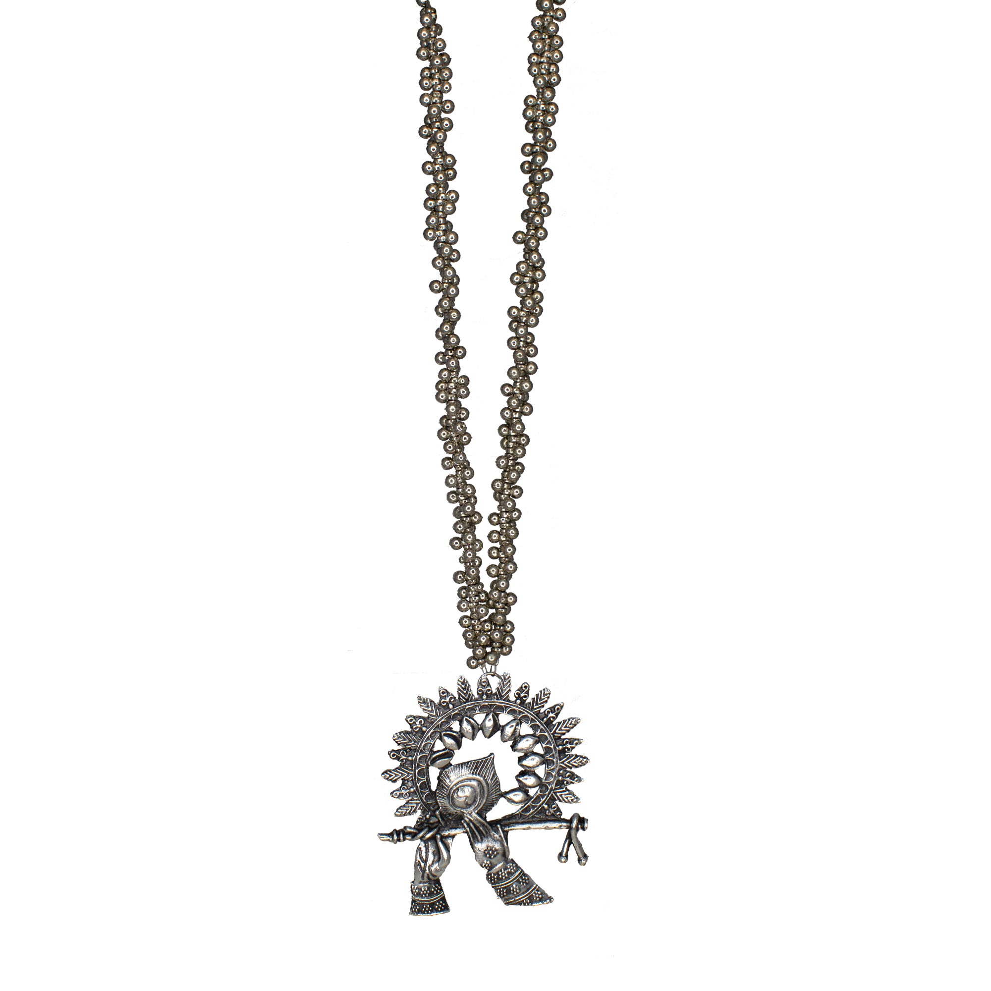 Abhinn Silver Oxidised Ethnic Temple Design Krishna Flute Pendant For Women