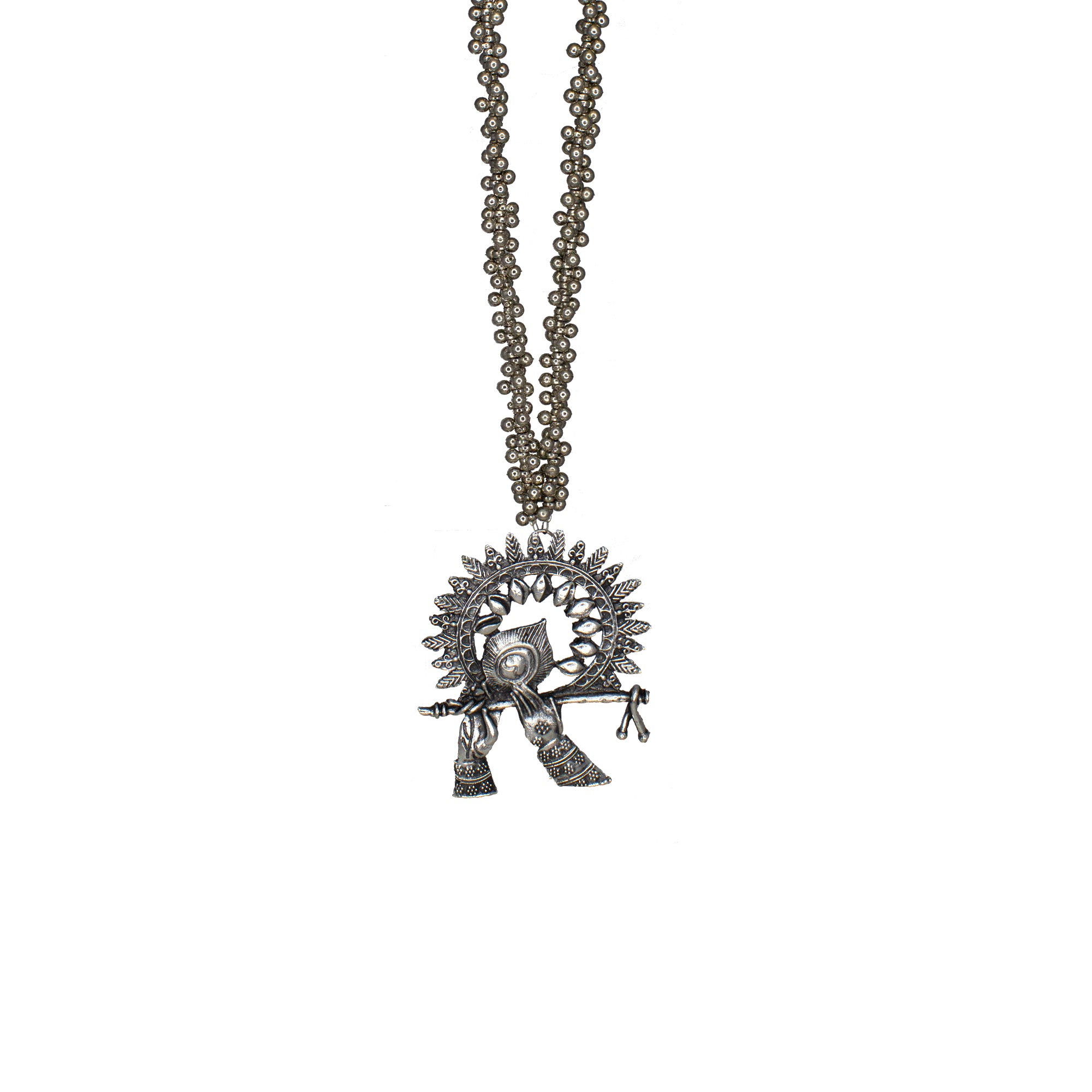 Abhinn Silver Oxidised Ethnic Temple Design Krishna Flute Pendant For Women