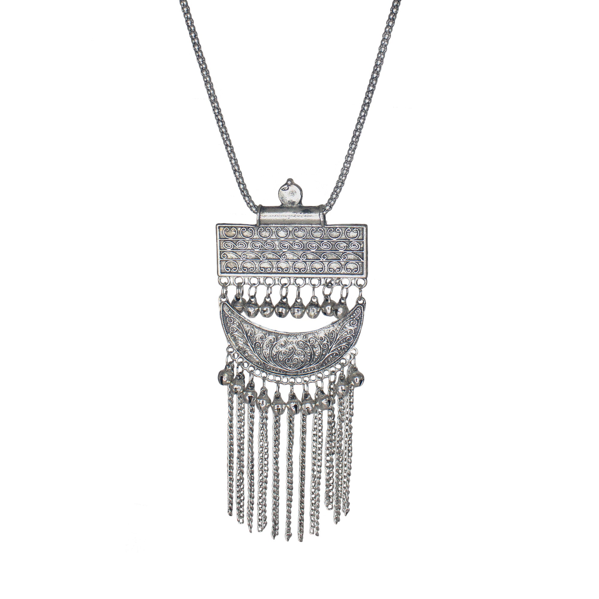 Abhinn Silver Oxidised Temple Design Pendant With Ghungroo For Girls