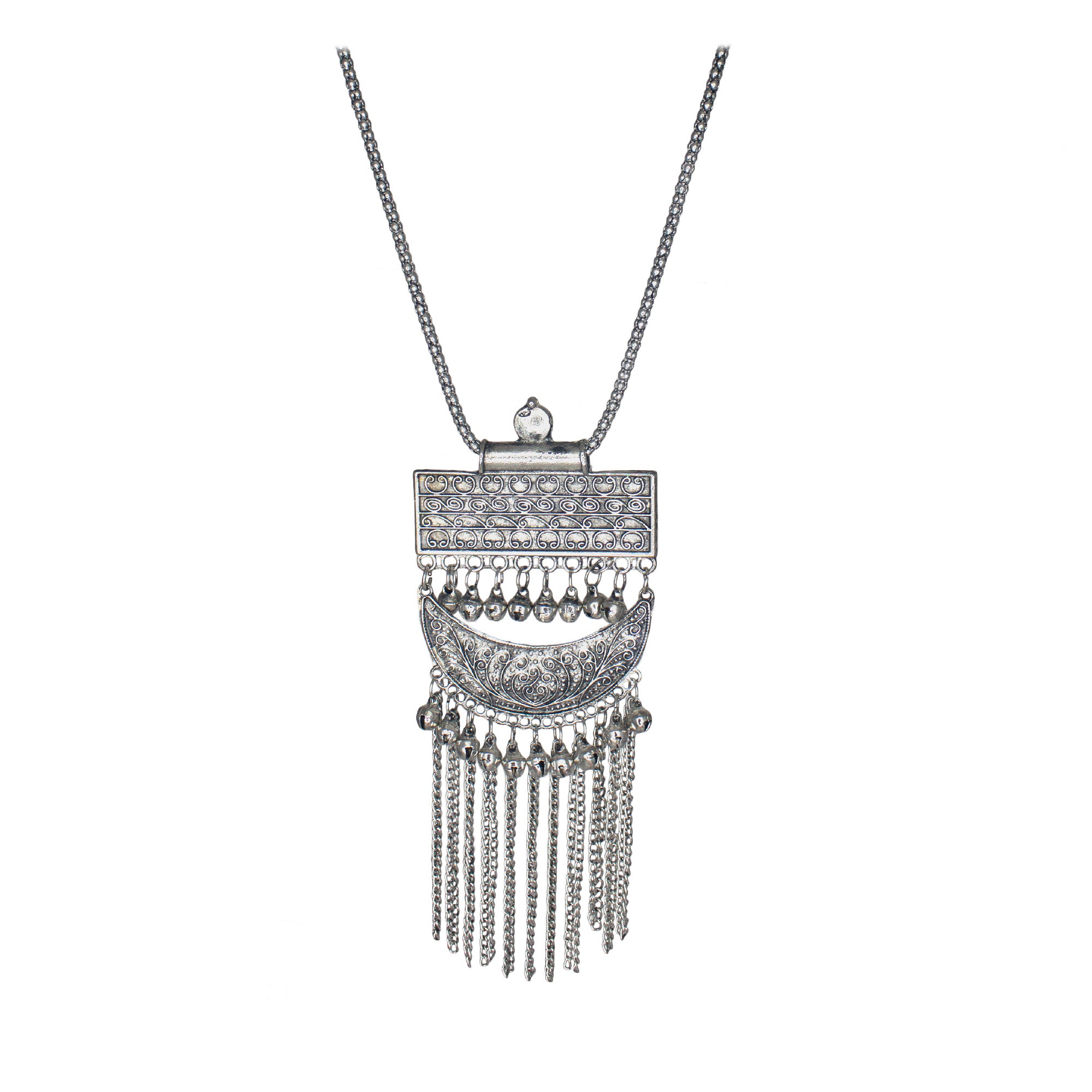 Abhinn Silver Oxidised Temple Design Pendant With Ghungroo For Girls