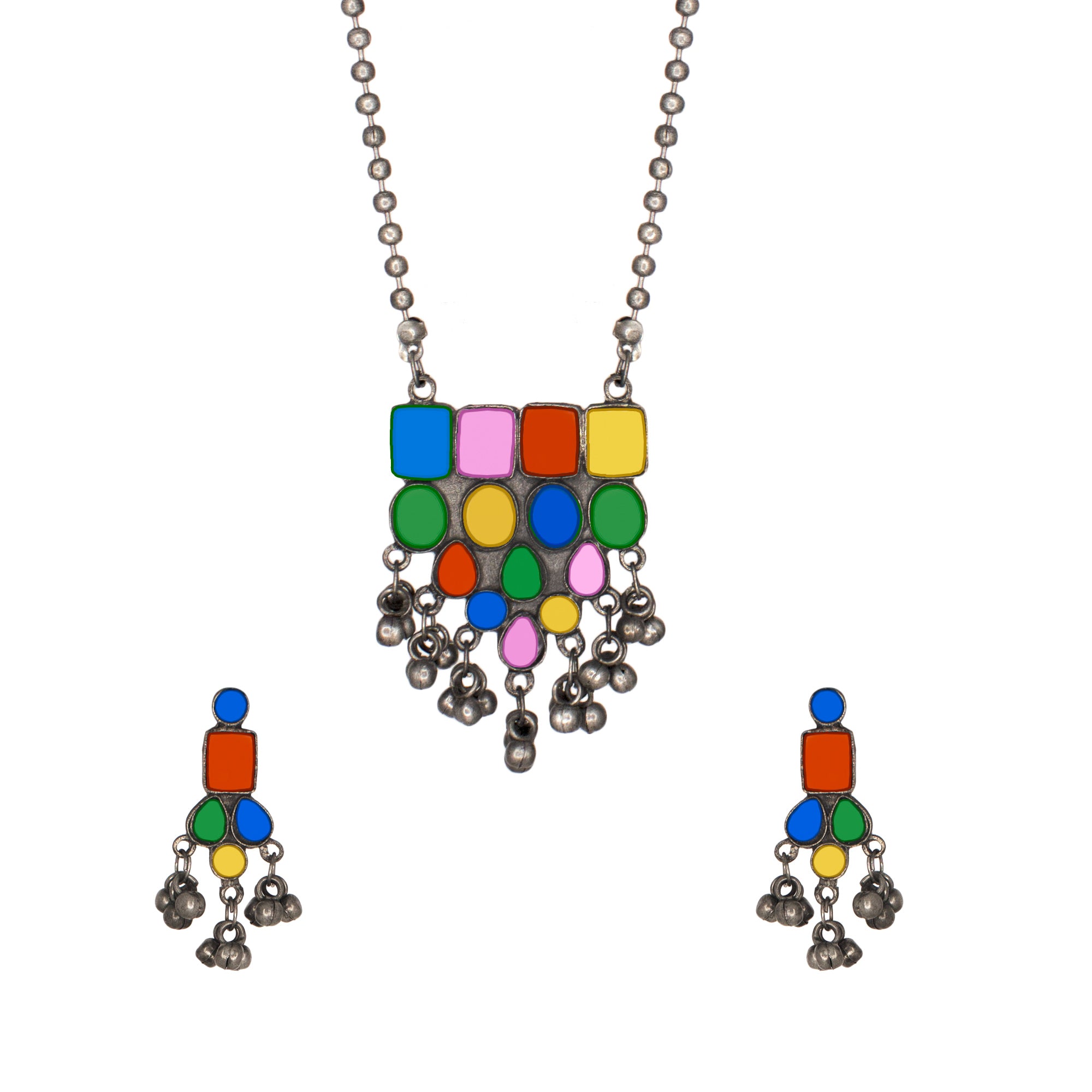 Abhinn Silver Oxidised Tribal Design Multi Colour Pendant Set For Women