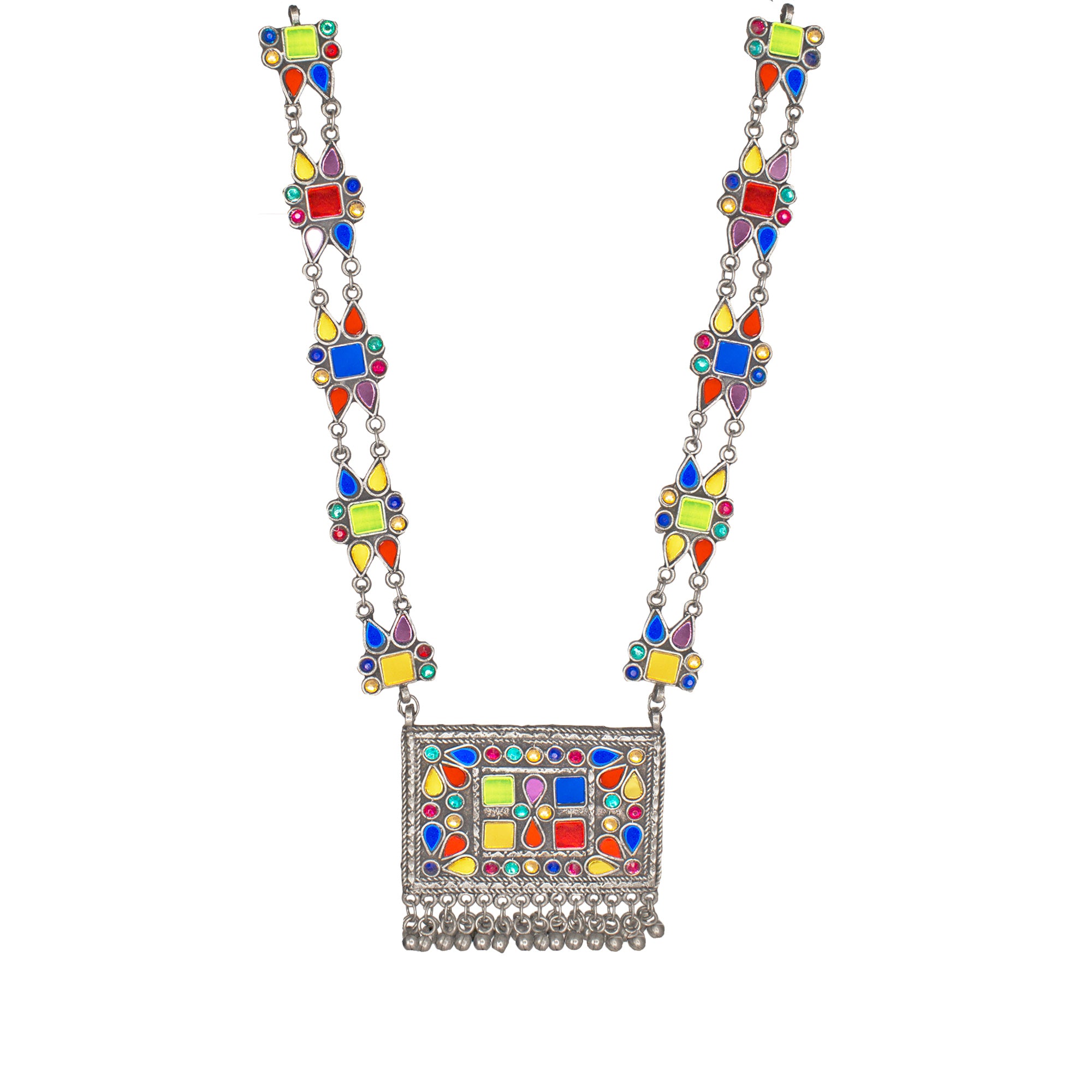 Abhinn Afghani Silver Oxidised Geometrical Multi Color Pendant Set For Women