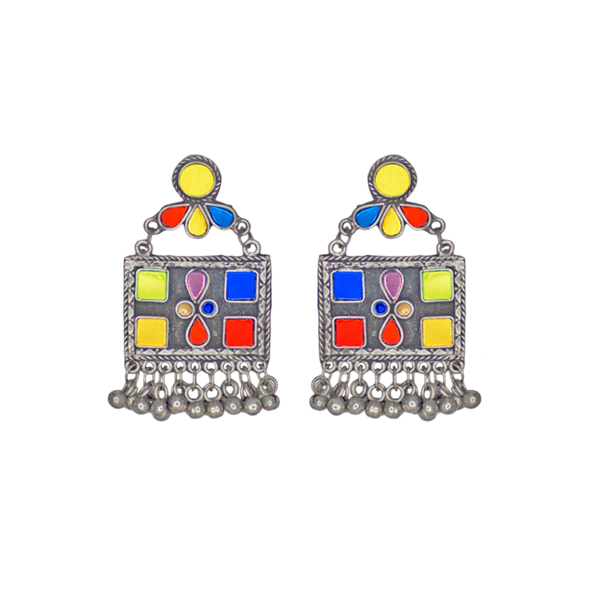 Abhinn Afghani Silver Oxidised Geometrical Multi Color Pendant Set For Women