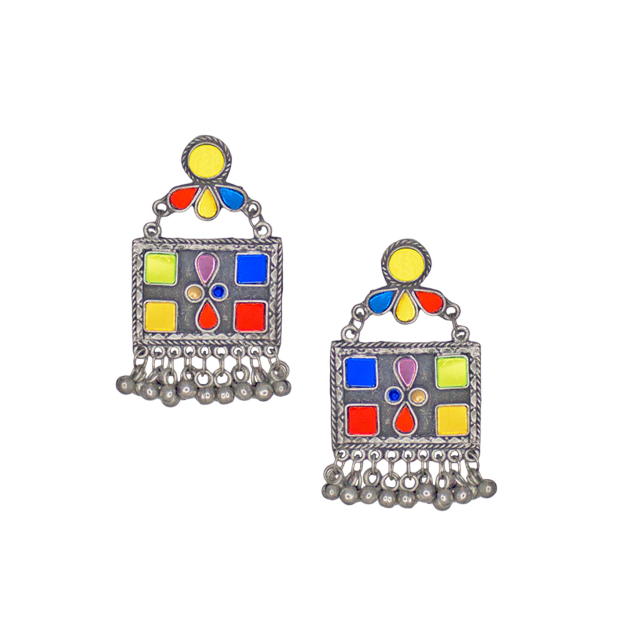 Abhinn Afghani Silver Oxidised Geometrical Multi Color Pendant Set For Women