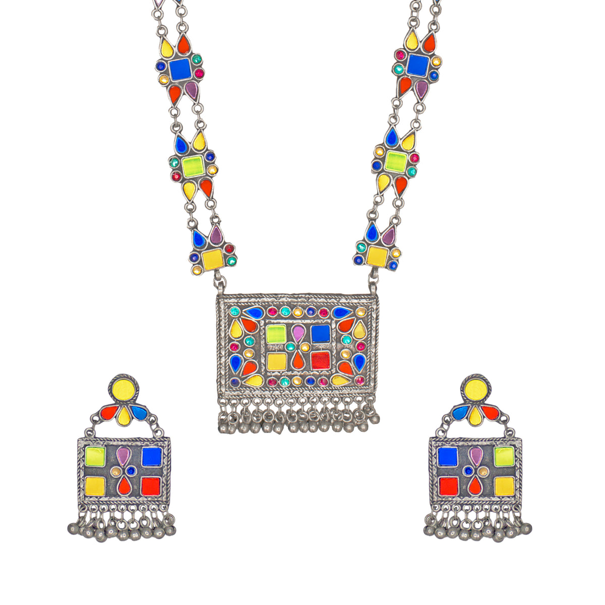 Abhinn Afghani Silver Oxidised Geometrical Multi Color Pendant Set For Women