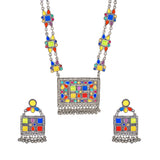 Abhinn Afghani Silver Oxidised Geometrical Multi Color Pendant Set For Women