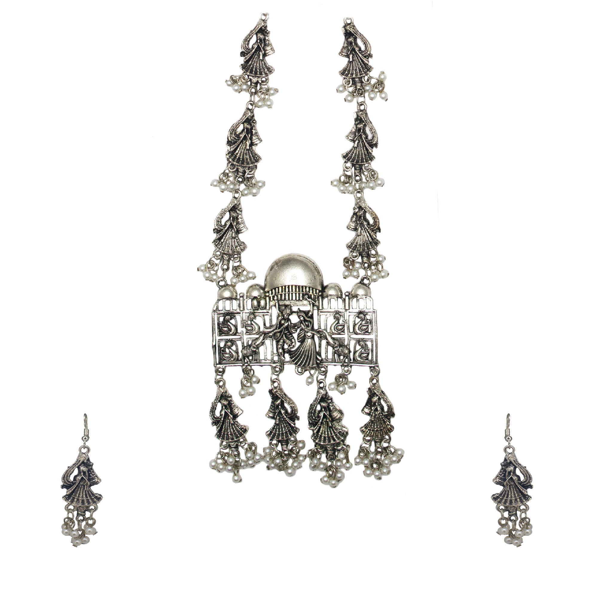 Abhinn Silver Oxidised Temple Design Pendant Set Engraved With Radha Krishna