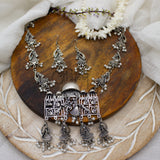 Abhinn Silver Oxidised Temple Design Pendant Set Engraved With Radha Krishna