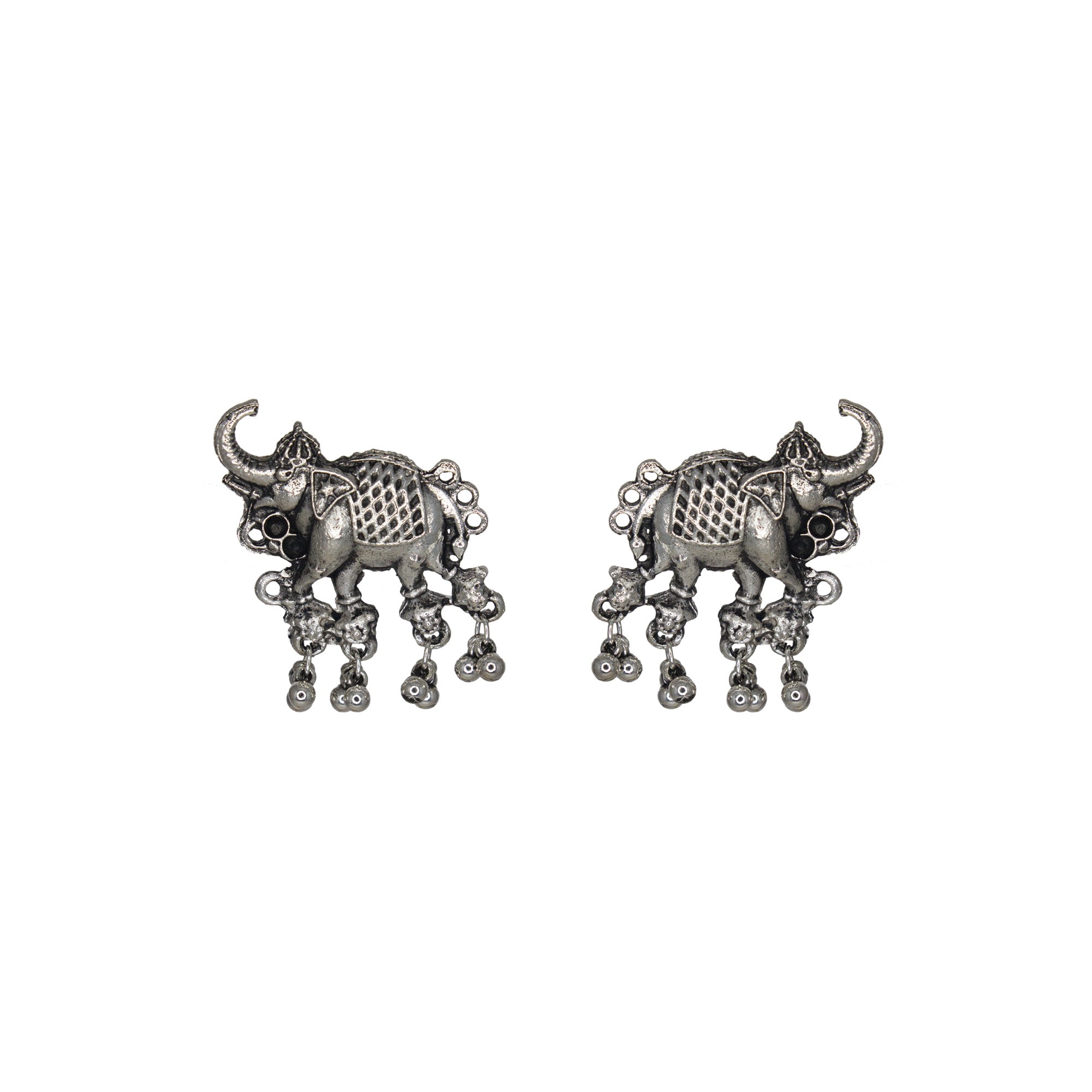 Abhinn Silver Oxidised Elephant Pendant Set With Silver Beads For Women