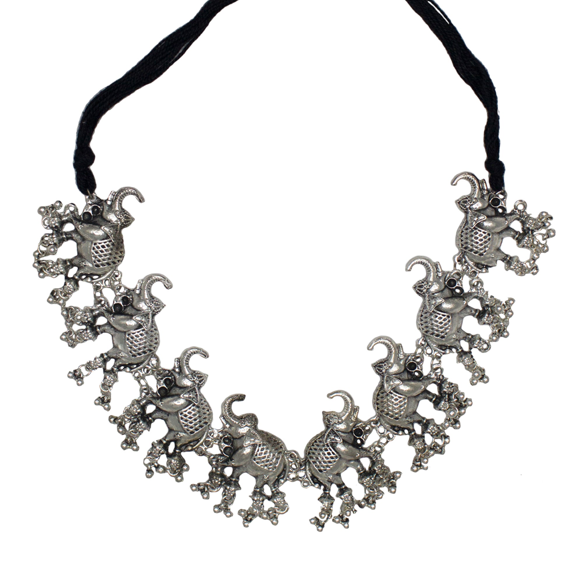 Abhinn Silver Oxidised Elephant Pendant Set With Silver Beads For Women