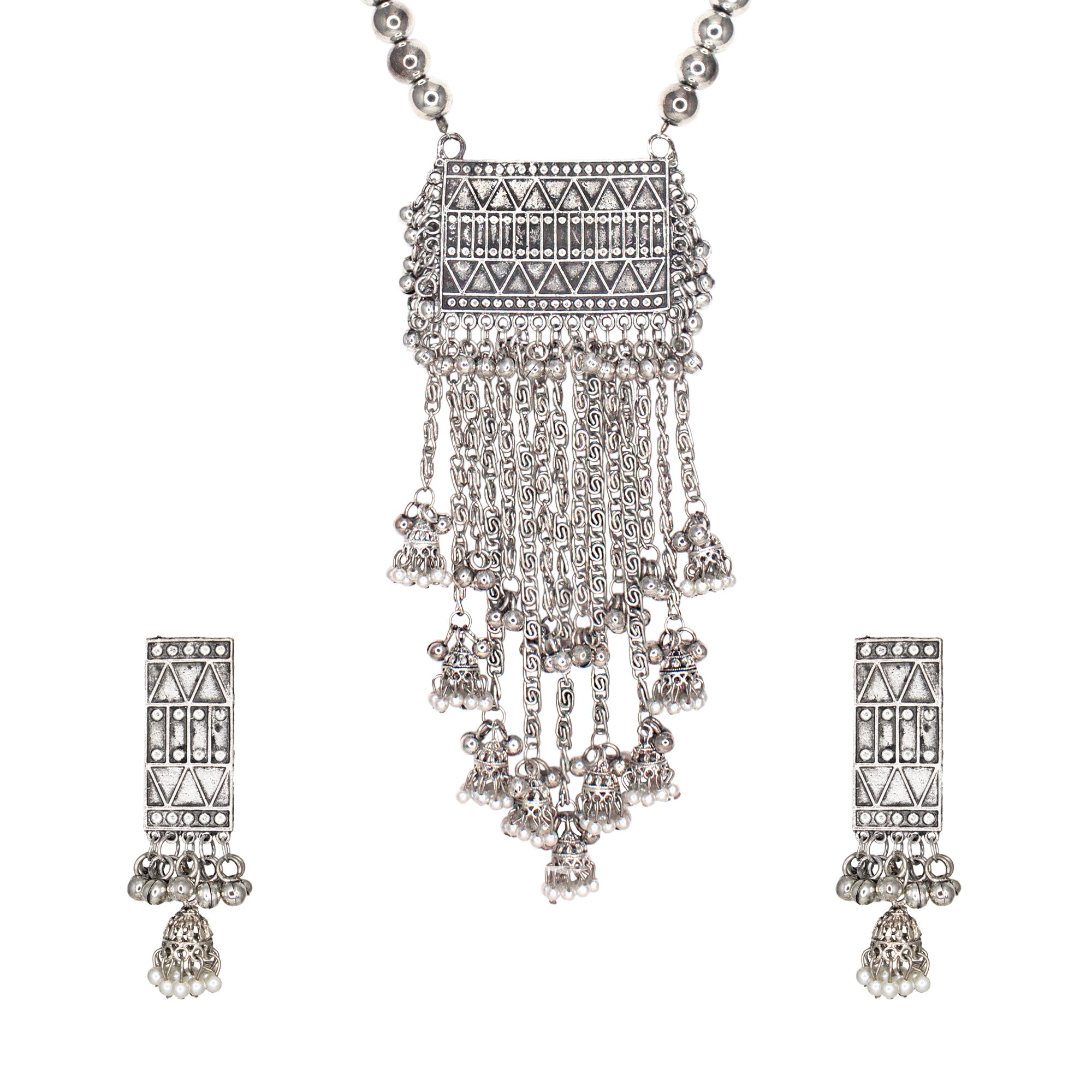 Abhinn Silver Oxidised Temple Design With Hanging Silver Beads Pendant Set For Women