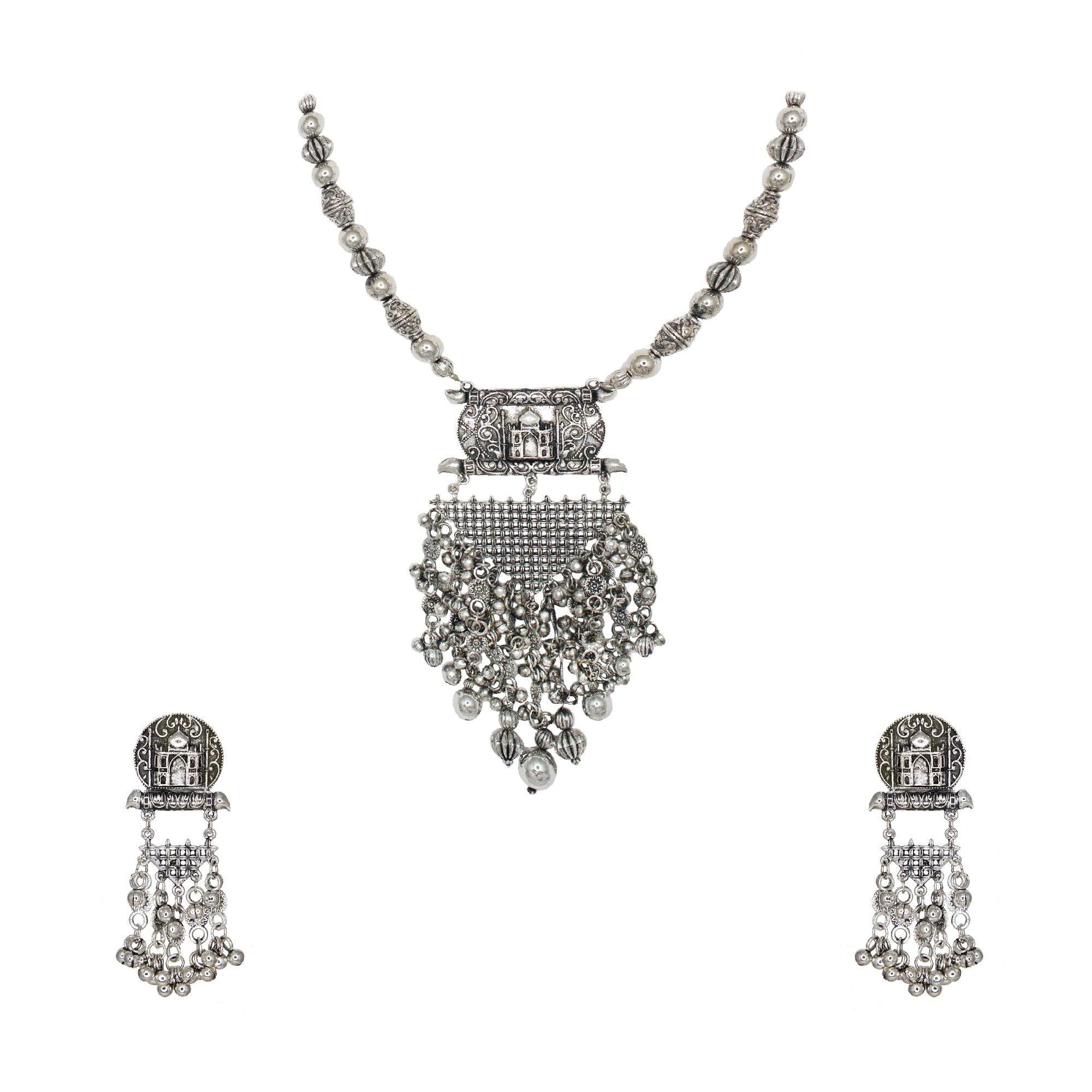 Abhinn Silver Oxidised Taj Mahal Pendant Set With Hanging Silver Beads For Women