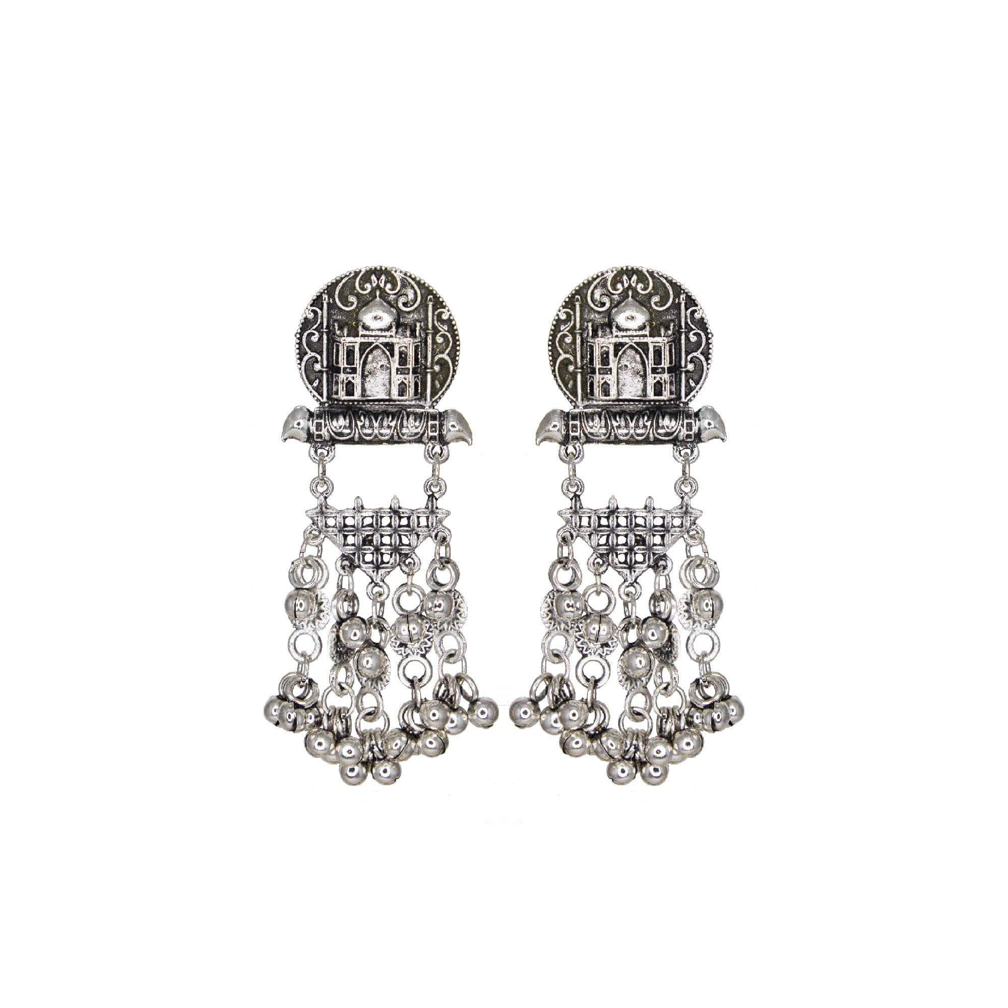 Abhinn Silver Oxidised Taj Mahal Pendant Set With Hanging Silver Beads For Women