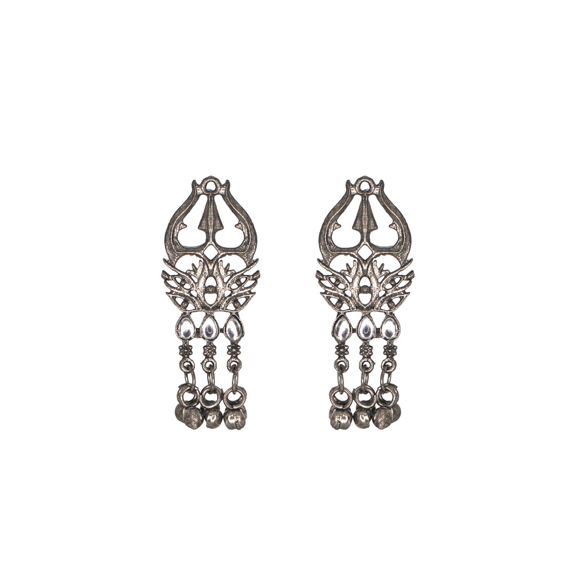 Abhinn Silver Oxidised Trishul Design With White CZ Stones Pendant Set For Women