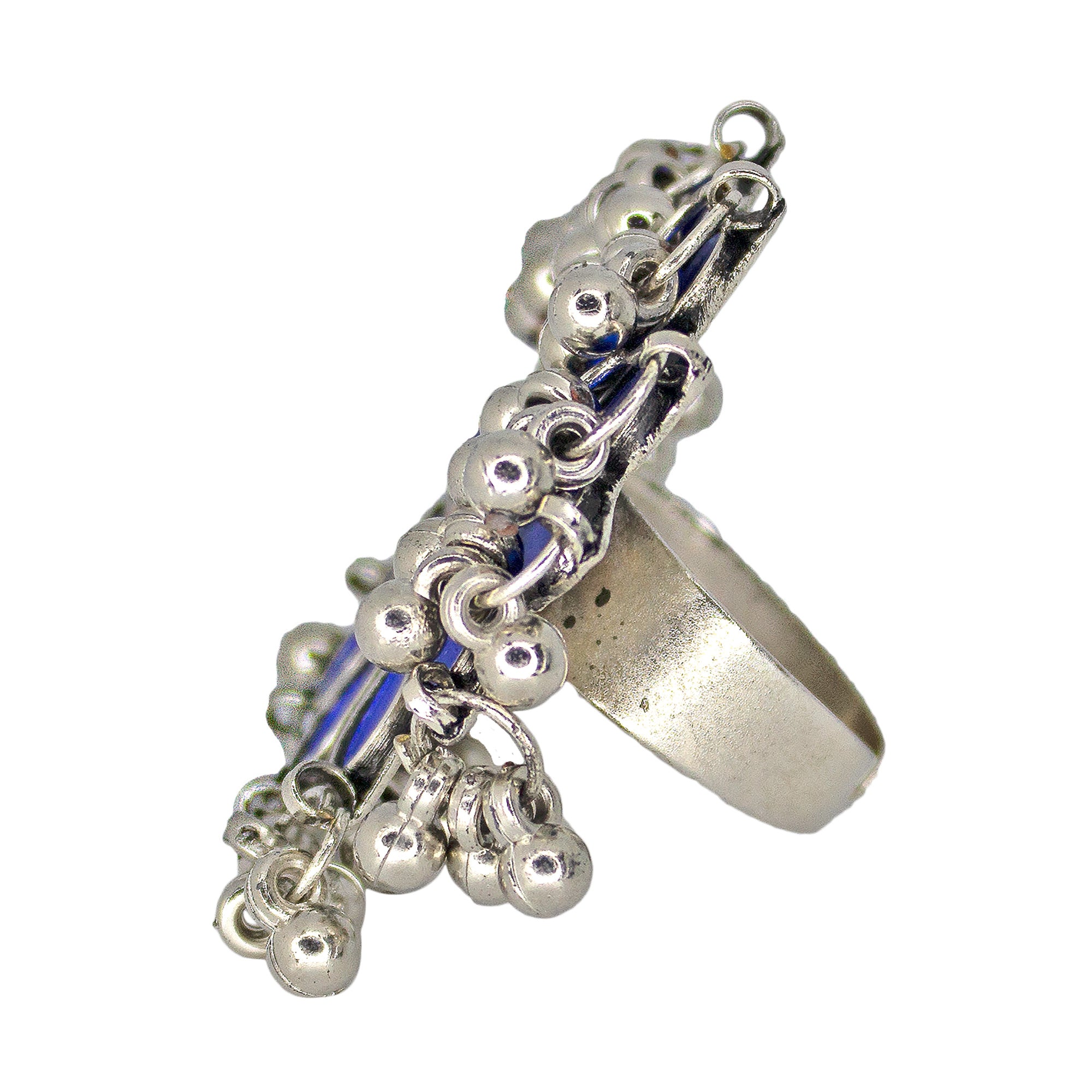 Abhinn Designer Silver Oxidised Floral Blue-Red Color Glass Premium Rings For Women