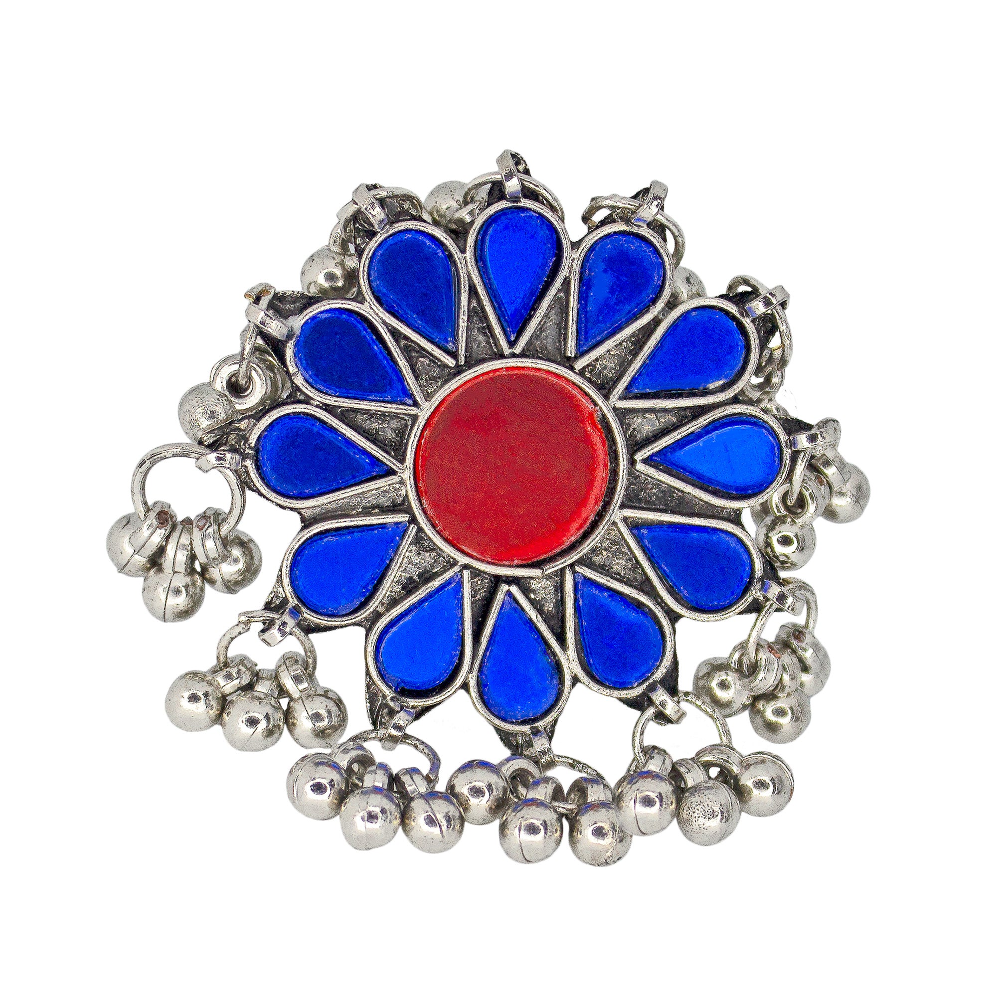 Abhinn Designer Silver Oxidised Floral Blue-Red Color Glass Premium Rings For Women