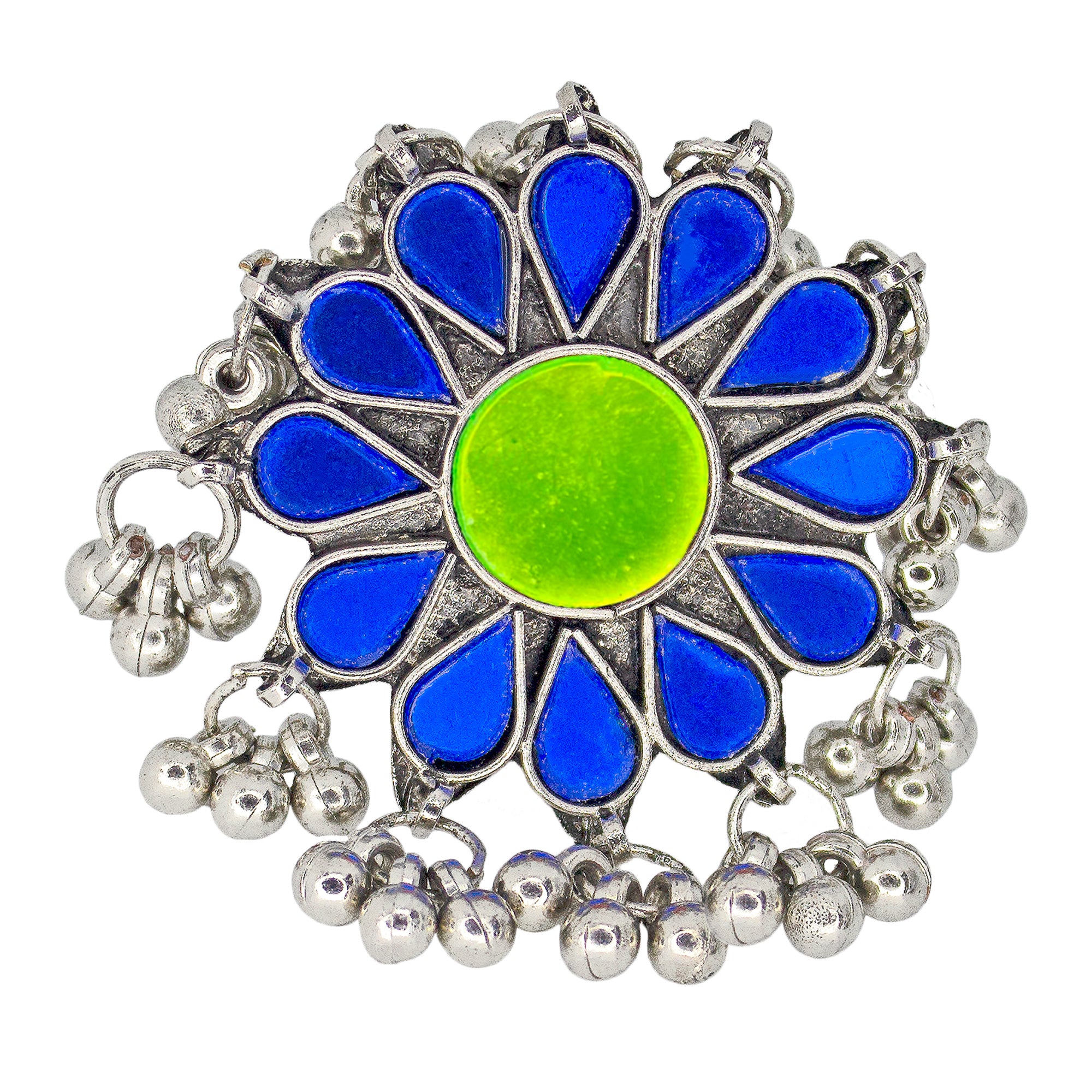 Abhinn Designer Silver Oxidised Floral Blue-Parrot Green Color Glass Premium Rings For Women