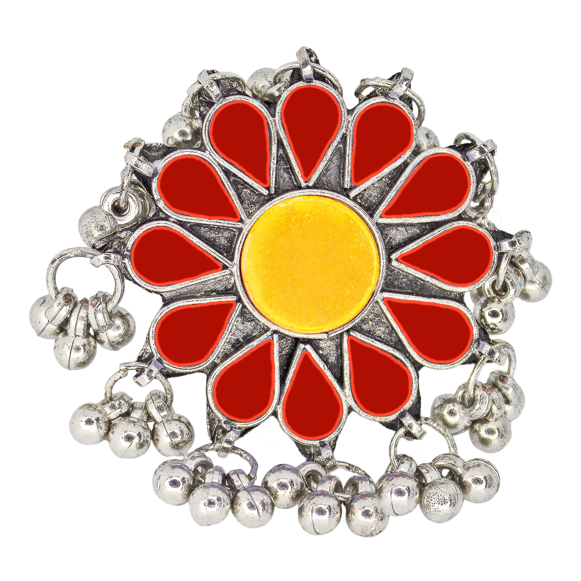 Abhinn Designer Silver Oxidised Floral Red-Yellow Color Glass Premium Rings For Women