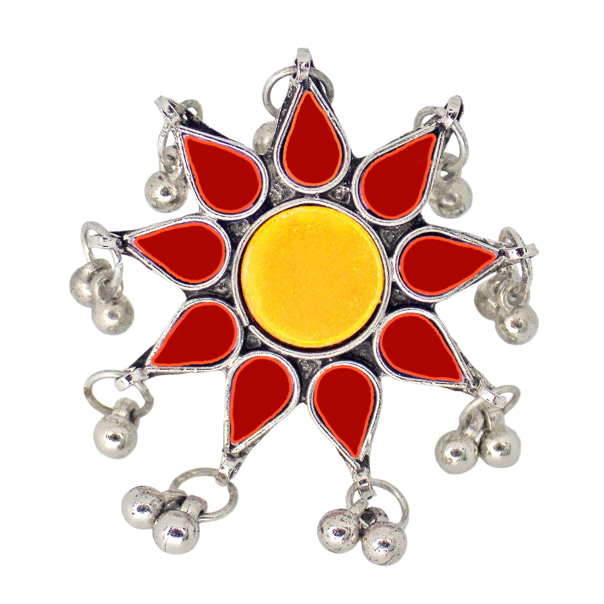 Abhinn Antique Silver Oxidised Floral Red-Yellow Color Glass Premium Rings For Women