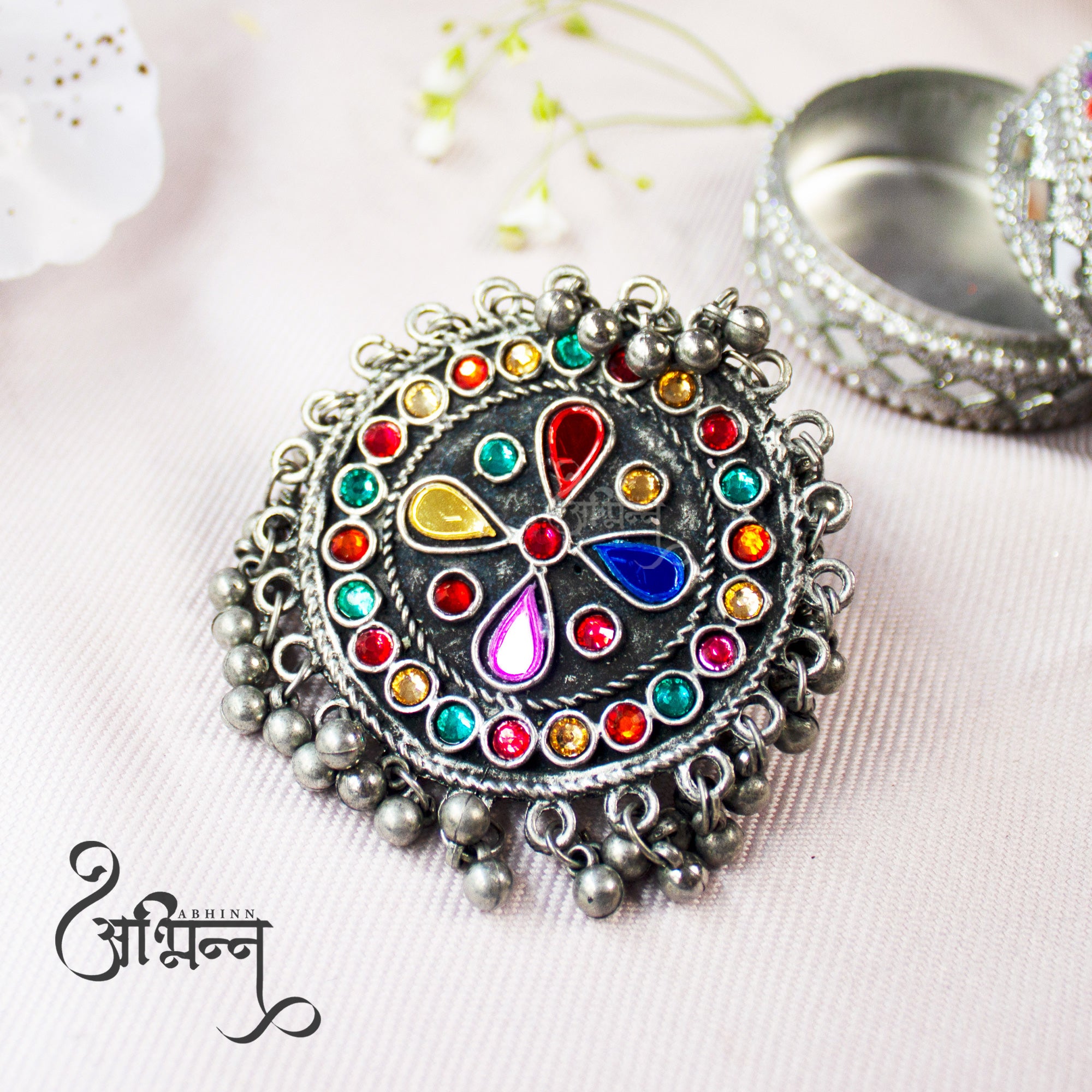 Abhinn Silver Oxidised Floral Design Multi Colour With Silver Beads Ring For Women