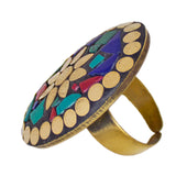Abhinn Handmade Tibetan Gold Plated Multi Color Oval Shaped Adjustable Rings For Women
