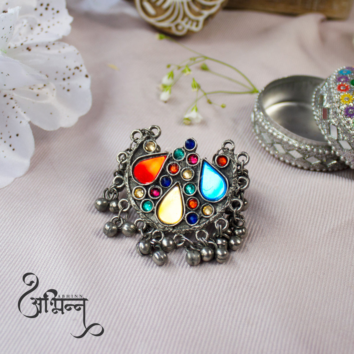 Abhinn Afghani Silver Oxidised Tribal Design Multi Colour With Ghungroo For Women