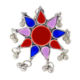 Abhinn Antique Silver Oxidised Floral Multi Color Glass Premium Rings For Women