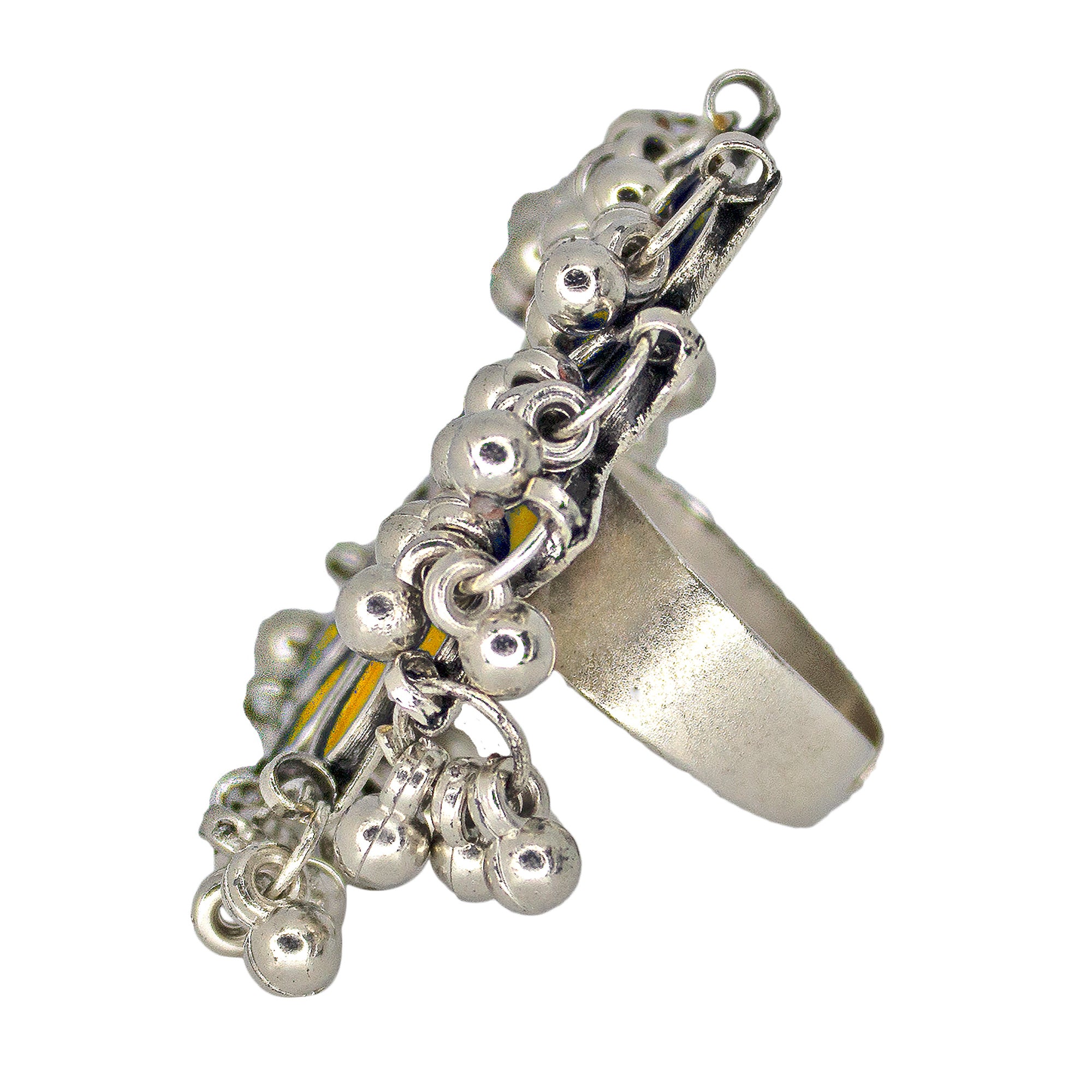 Abhinn Designer Silver Oxidised Floral Purple-Yellow Color Glass Premium Rings For Women