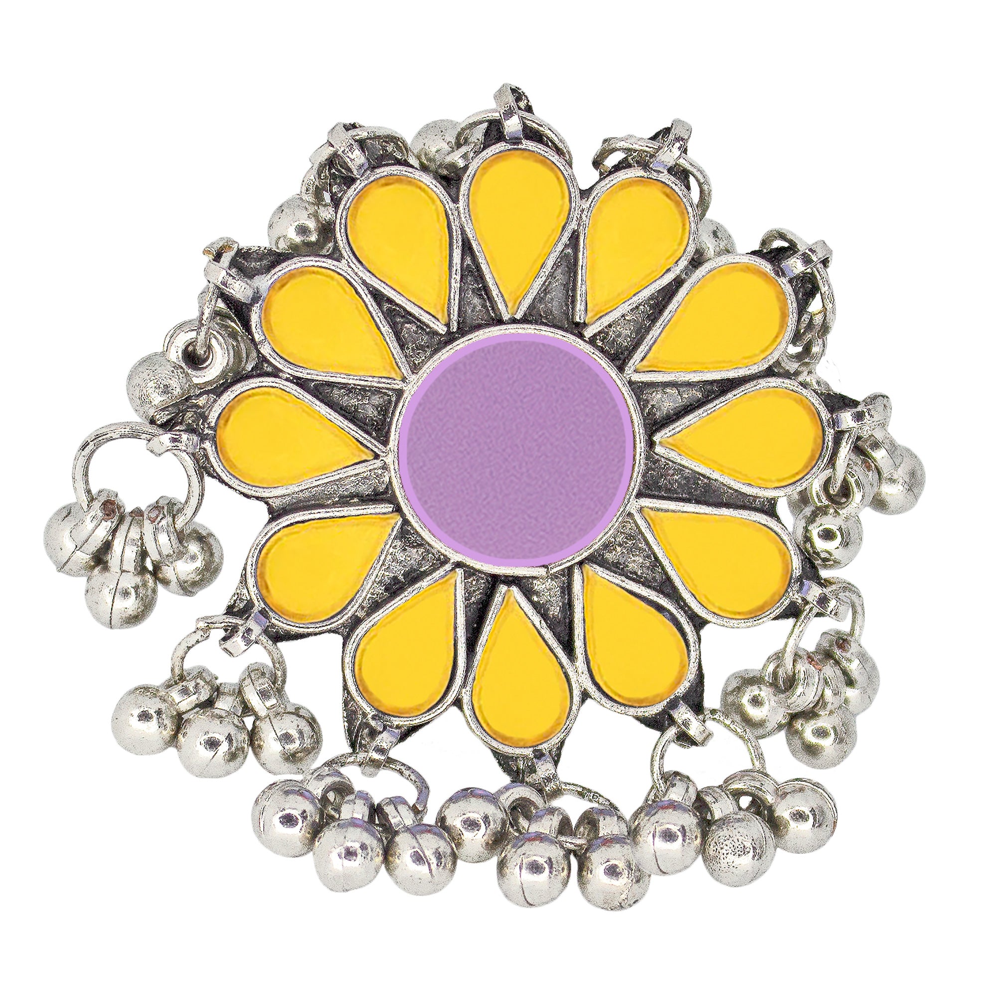 Abhinn Designer Silver Oxidised Floral Purple-Yellow Color Glass Premium Rings For Women