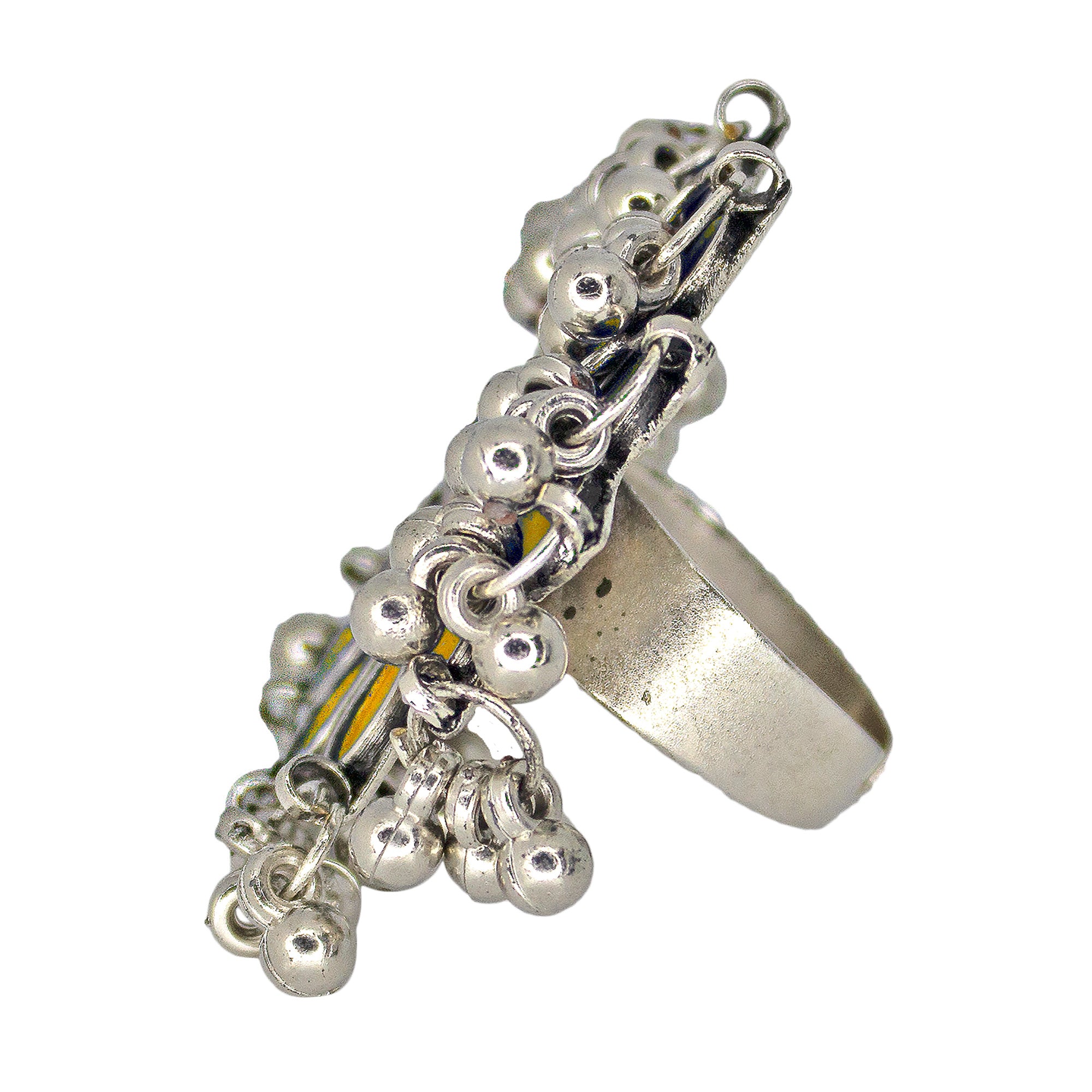 Abhinn Designer Silver Oxidised Floral Yellow-Red Color Glass Premium Rings For Women