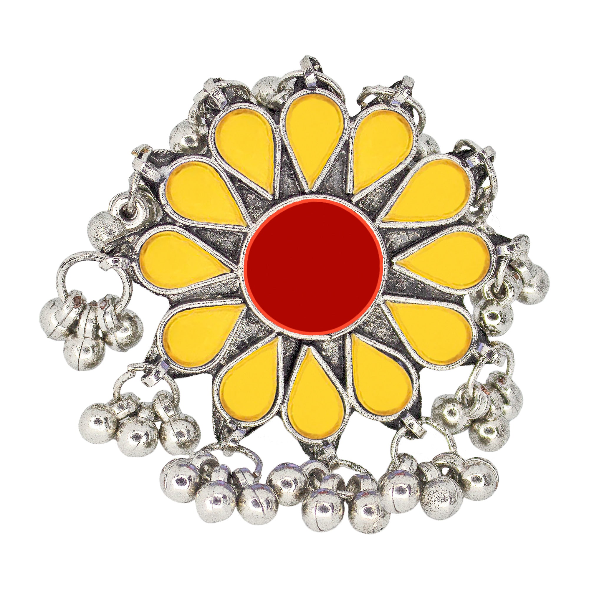 Abhinn Designer Silver Oxidised Floral Yellow-Red Color Glass Premium Rings For Women