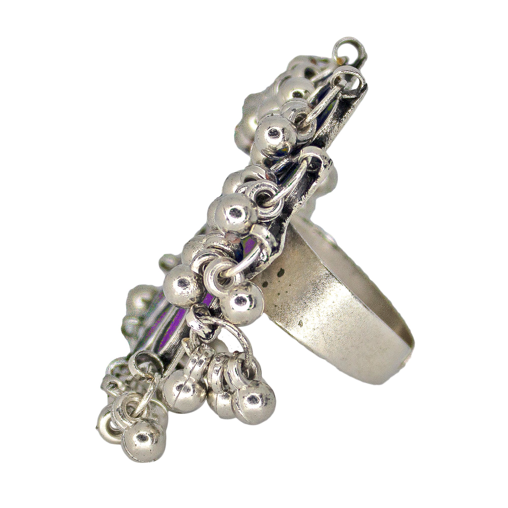 Abhinn Designer Silver Oxidised Floral Purple-Yellow Color Glass Premium Rings For Women