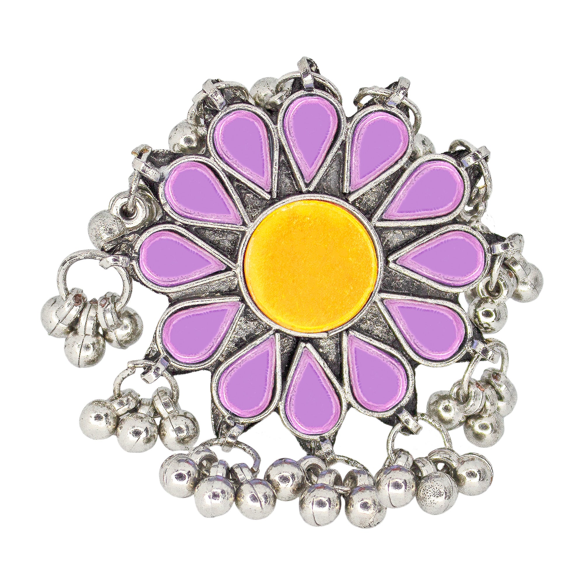 Abhinn Designer Silver Oxidised Floral Purple-Yellow Color Glass Premium Rings For Women