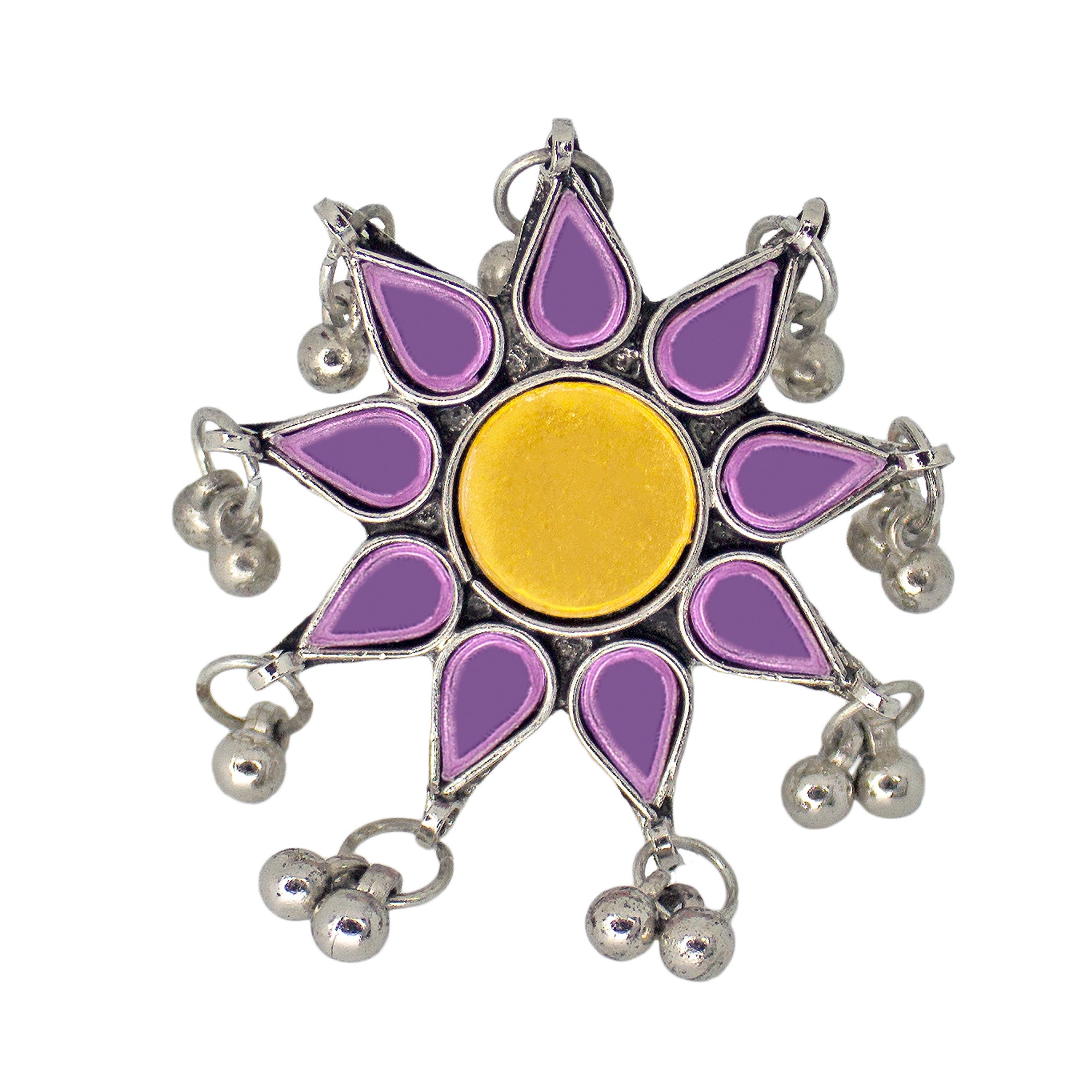 Abhinn Antique Silver Oxidised Floral Purple-Yellow Color Glass Premium Rings For Women