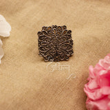 Abhinn Silver Oxidised Square Floral Design Rings For Women