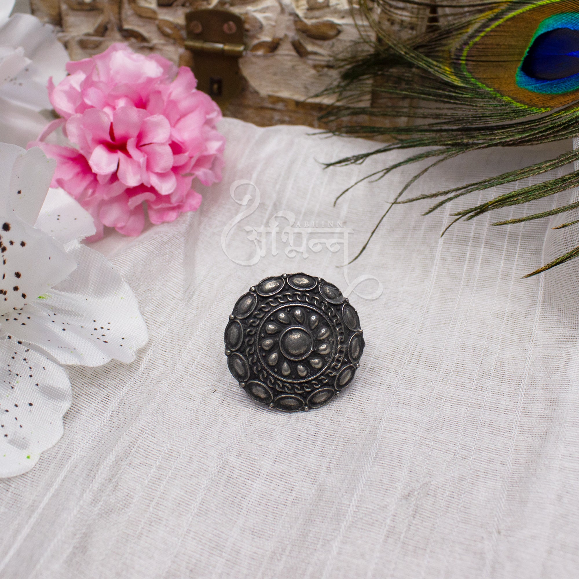 Abhinn Silver Oxidised Temple Design Ring For Women