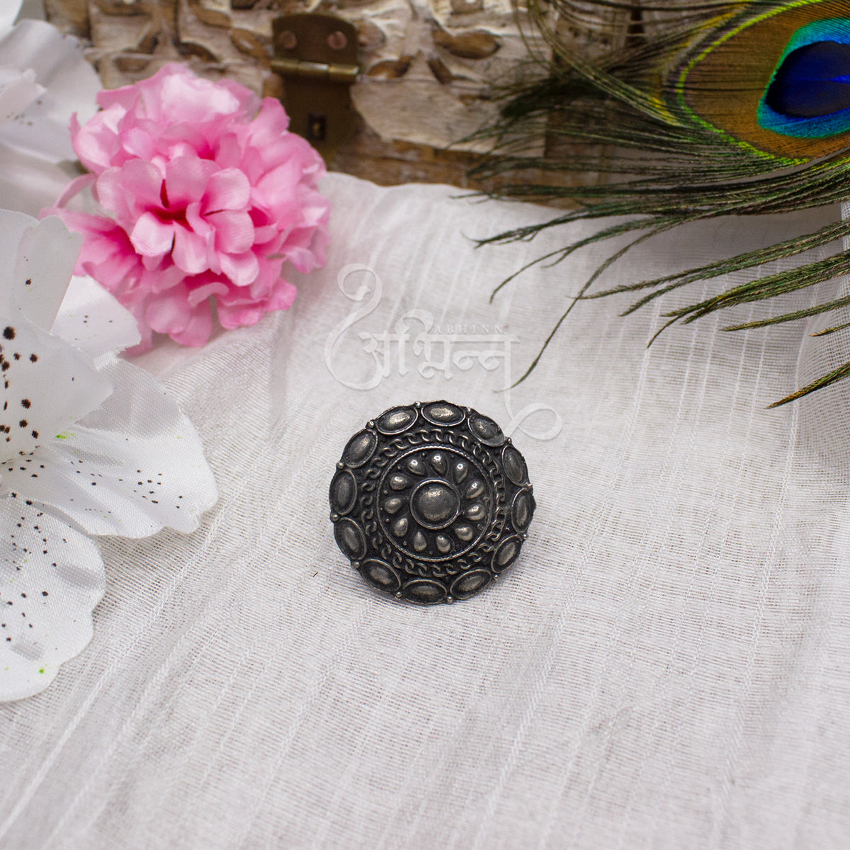 Abhinn Silver Oxidised Temple Design Ring For Women