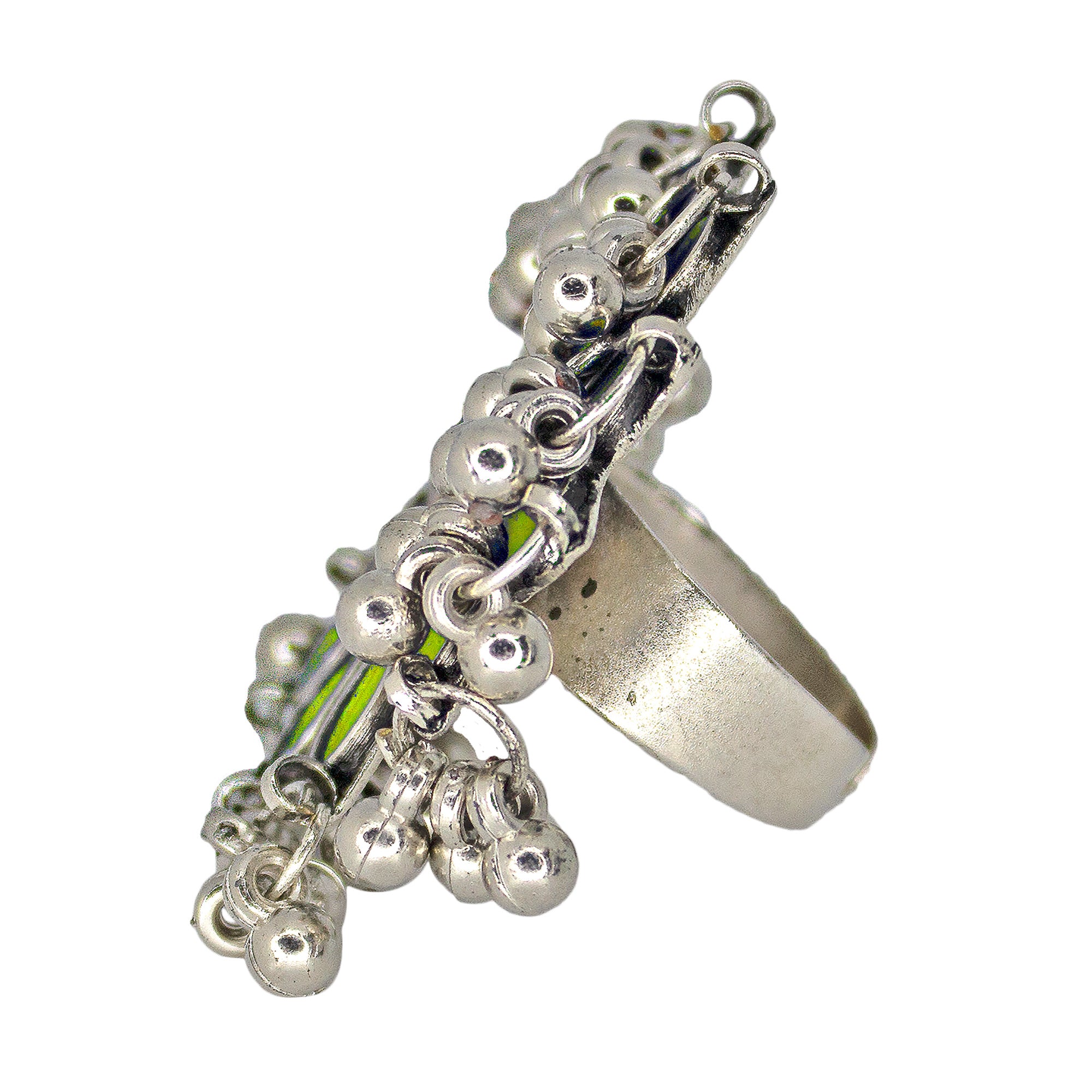 Abhinn Designer Silver Oxidised Floral Parrot Green-Blue Color Glass Premium Rings For Women
