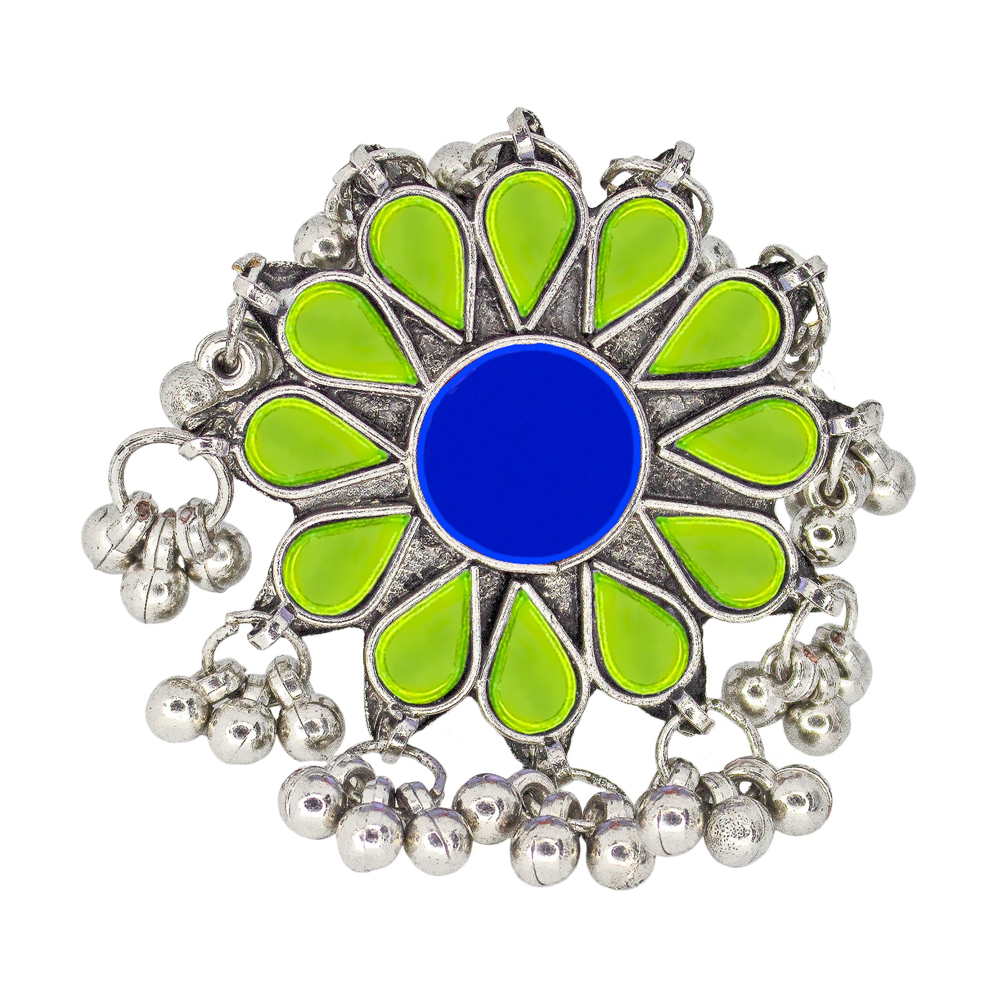 Abhinn Designer Silver Oxidised Floral Parrot Green-Blue Color Glass Premium Rings For Women
