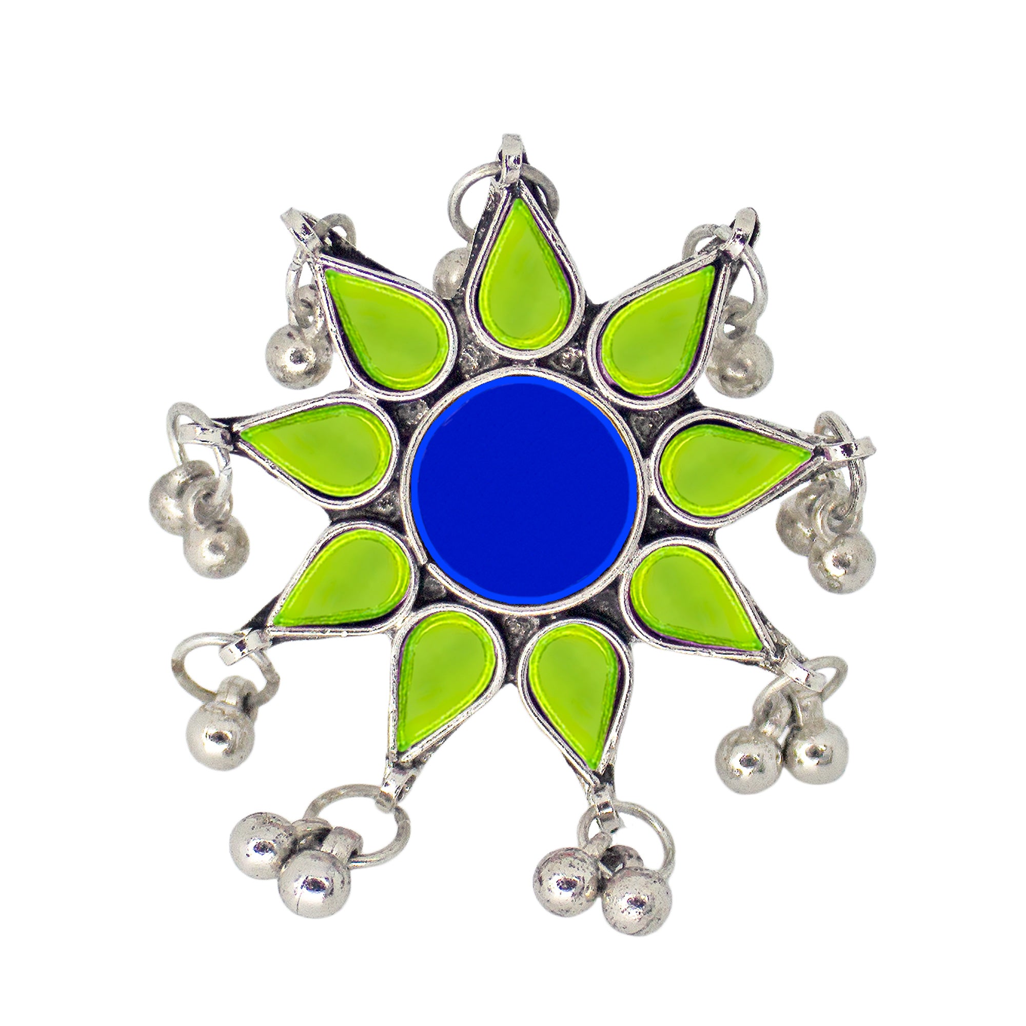 Abhinn Antique Silver Oxidised Floral Parrot Green-Blue Color Glass Premium Rings For Women