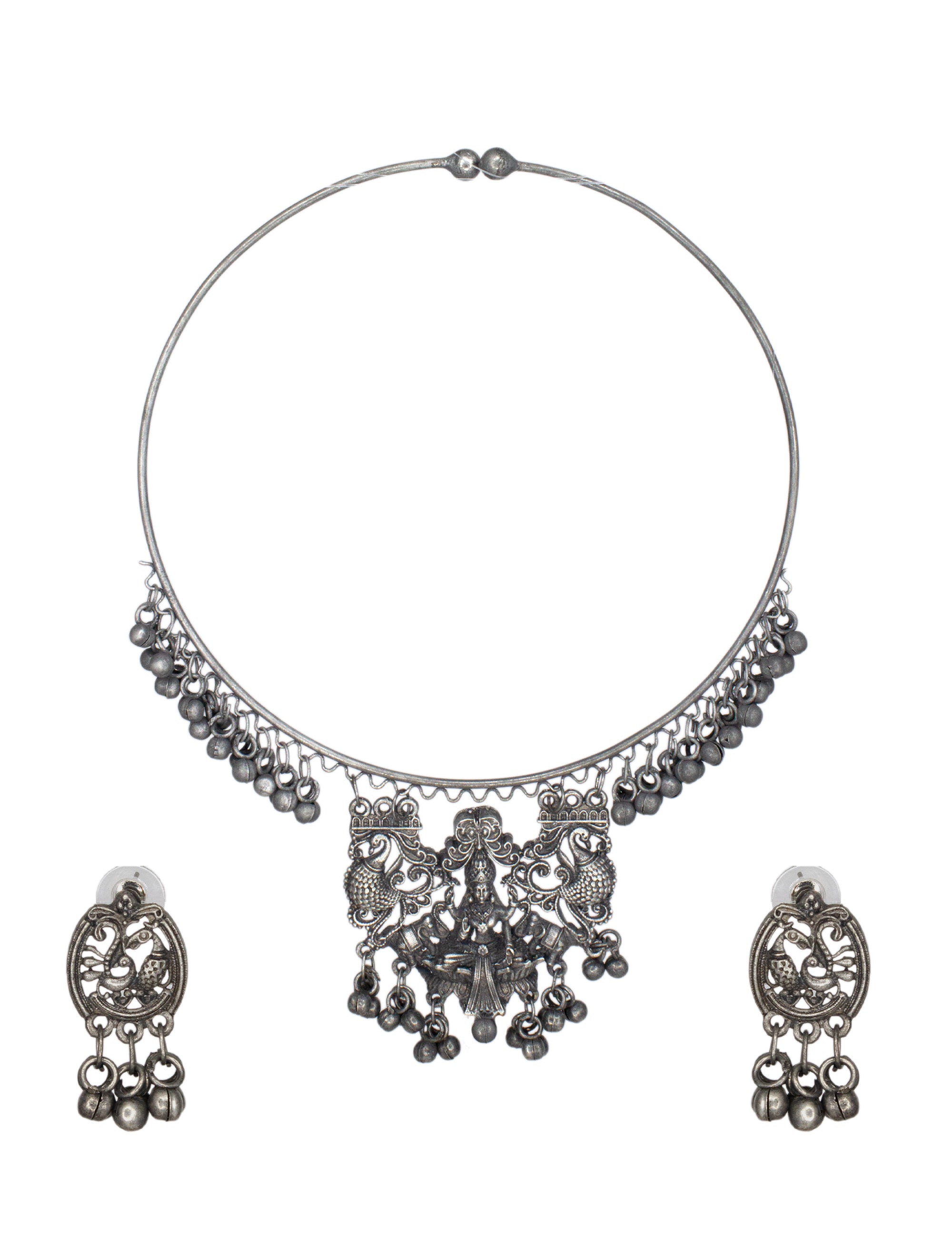 Abhinn Black Oxidised Silver Goddess Lakshmi Hasli Necklace Sets for Women