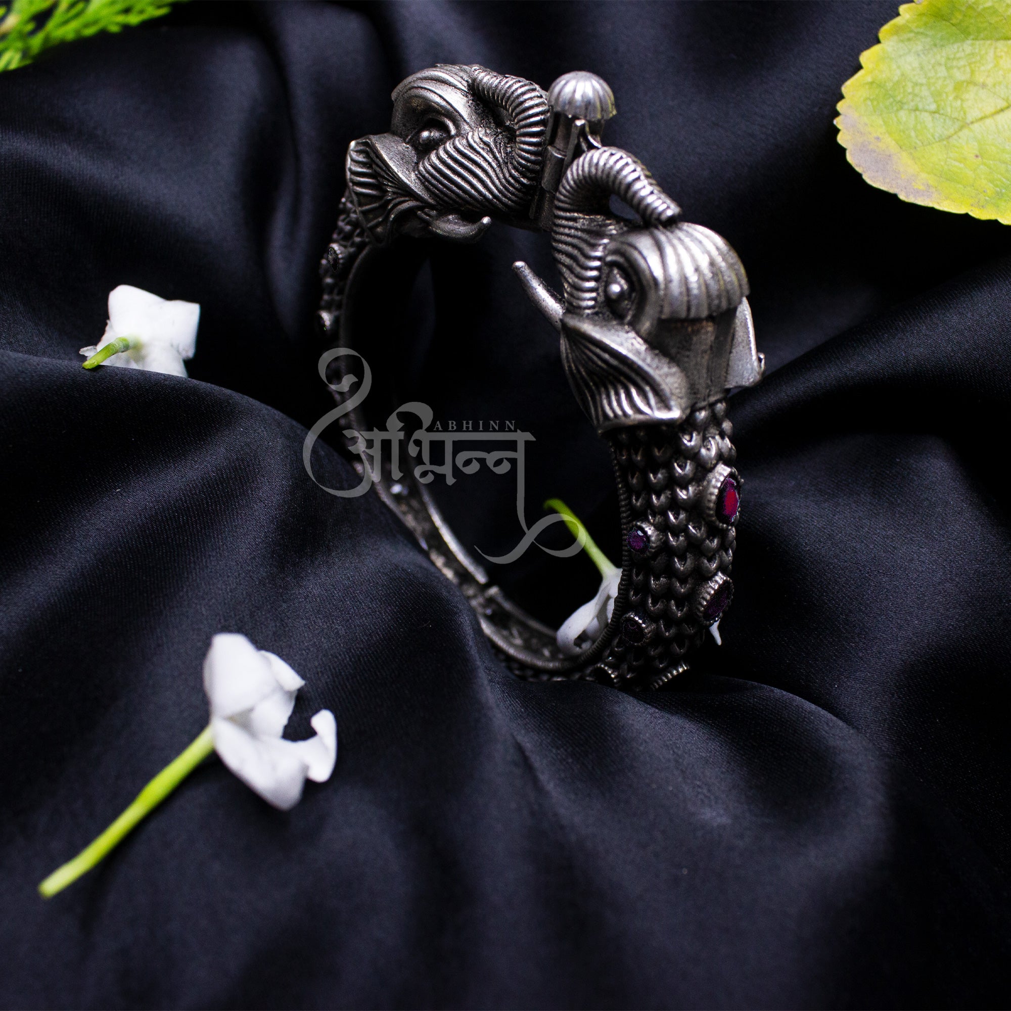 Abhinn Silver Replica Bracelet Studded With Elephant Design And Magenta CZ Stones For Women 