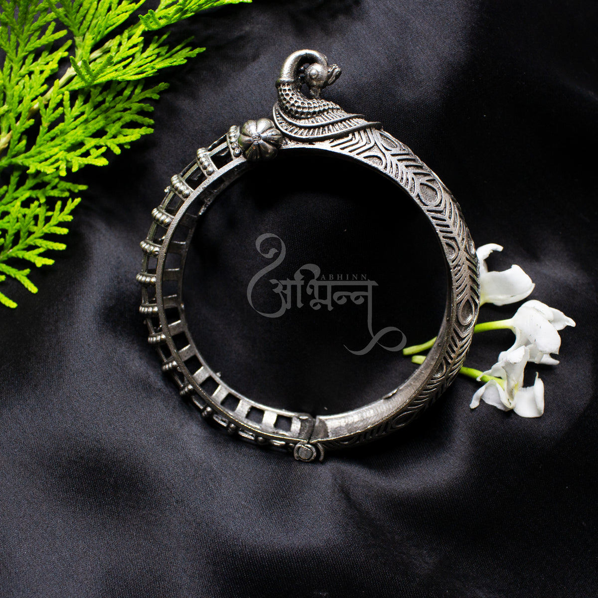 Abhinn Silver Replica Bracelet Engraved With Peacock Design For Women