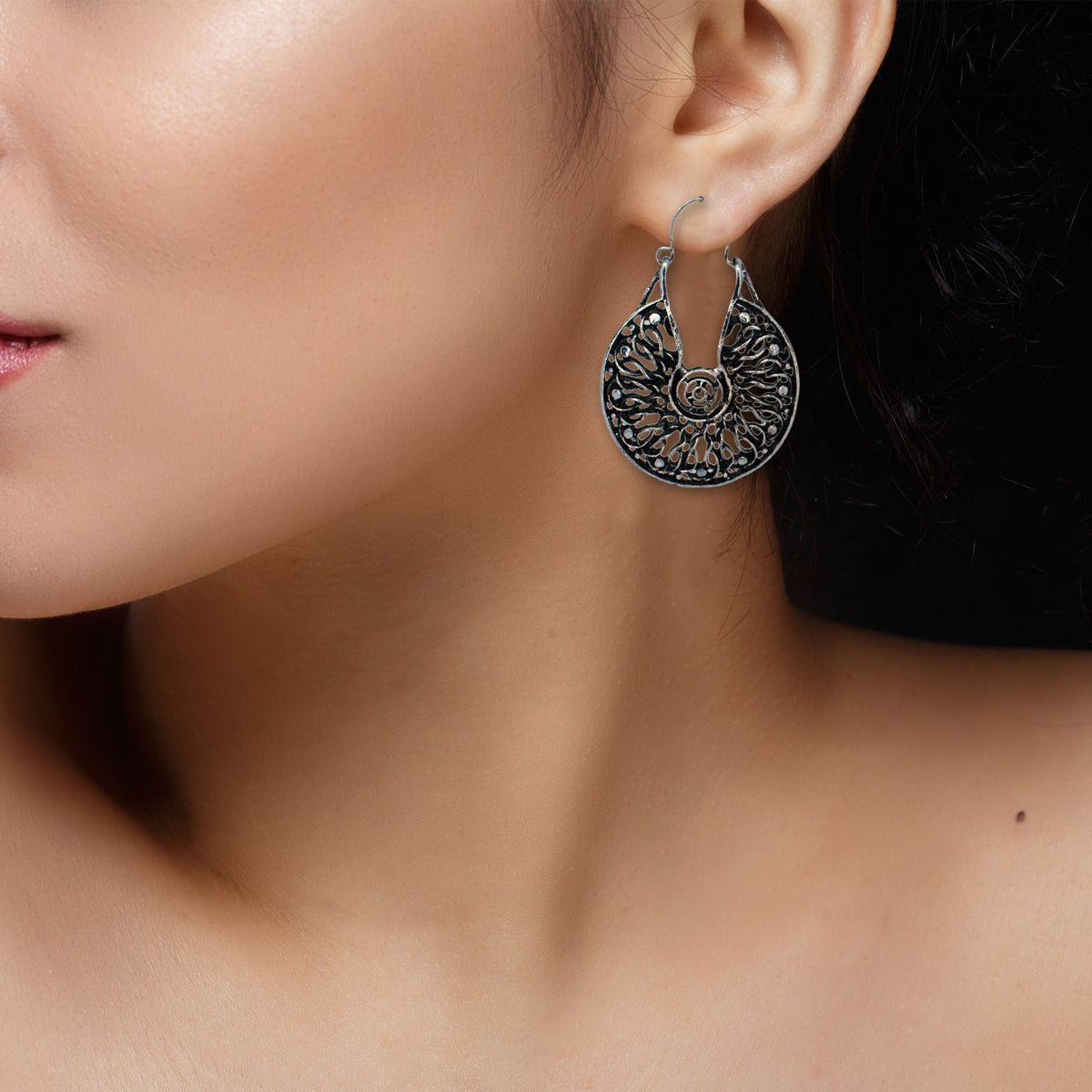 Abhinn Antique Black Plated Silver Oxidised Hoop Earrings For Women