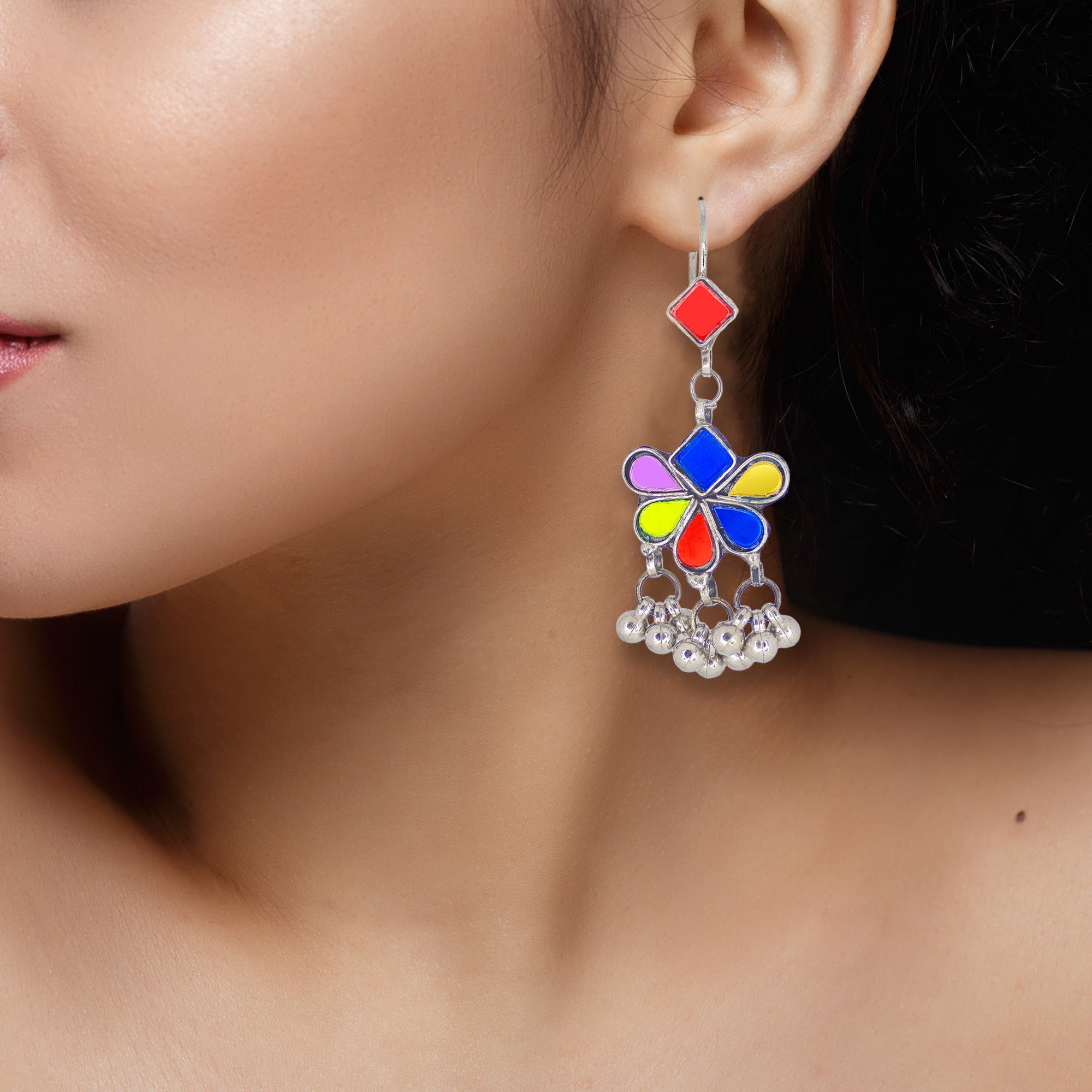 Abhinn Afghani Silver Plated Floral Design Multi Glass Dangler Earrings For Women