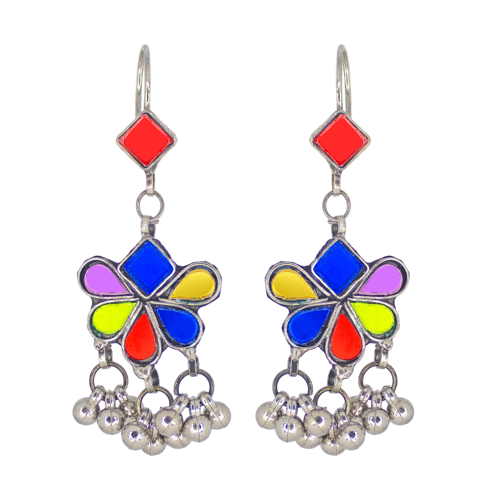 Abhinn Afghani Silver Plated Floral Design Multi Glass Dangler Earrings For Women