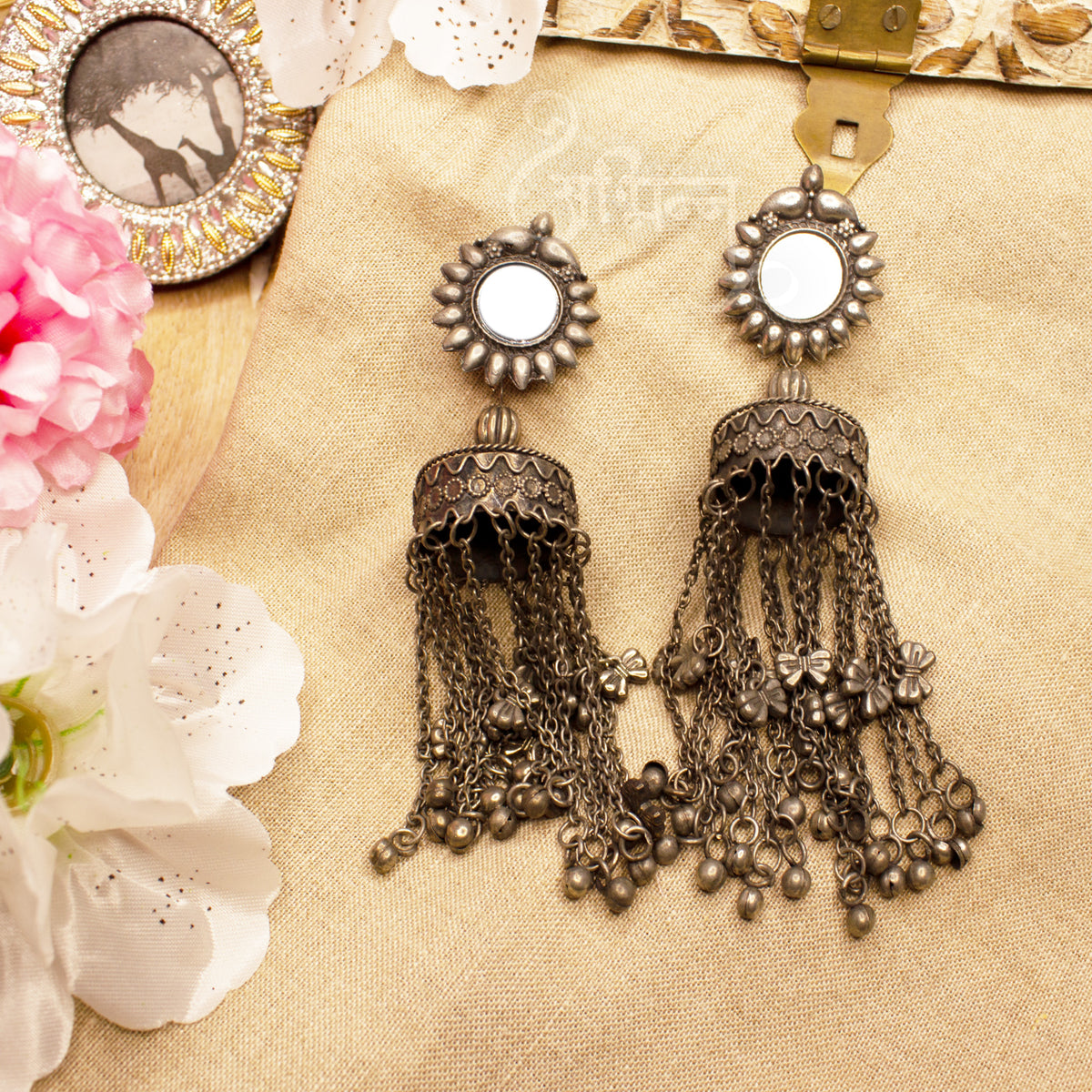 Abhinn Oxidised Silver Kashmiri Jhumka With Mirror Stud Earrings For Women